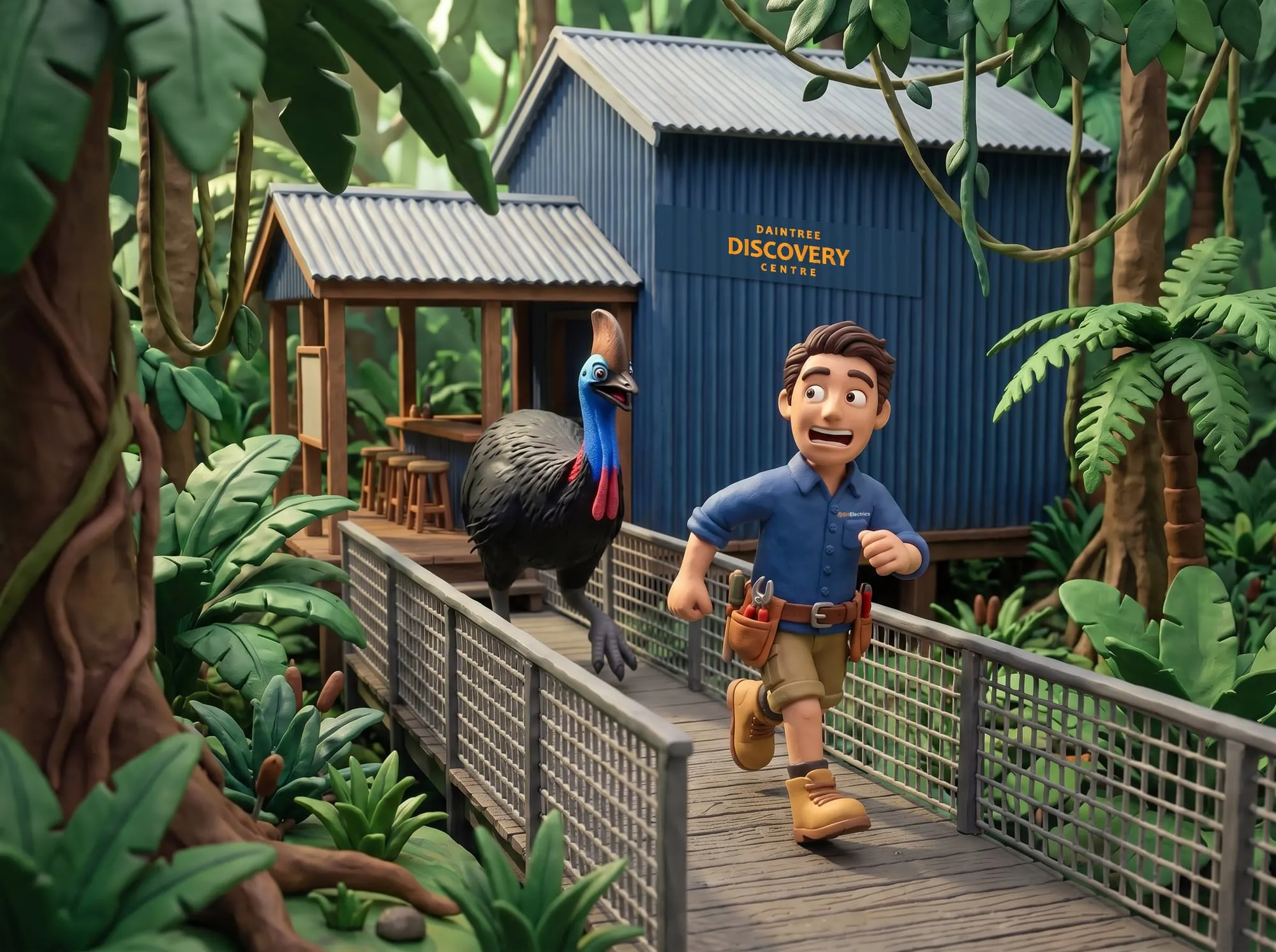 Claymation scene of a BH Electrics electrician on the Daintree Discovery Centre boardwalk at Cape Tribulation with a cassowary behind him
