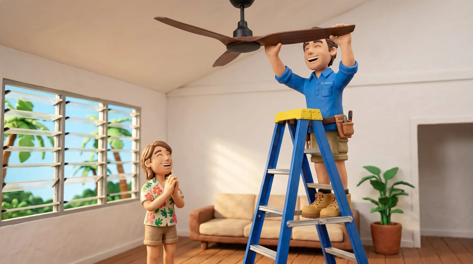 Claymation scene of a BH Electrics electrician up a step ladder fitting a ceiling fan in a Clifton Beach living room while the homeowner looks up at it