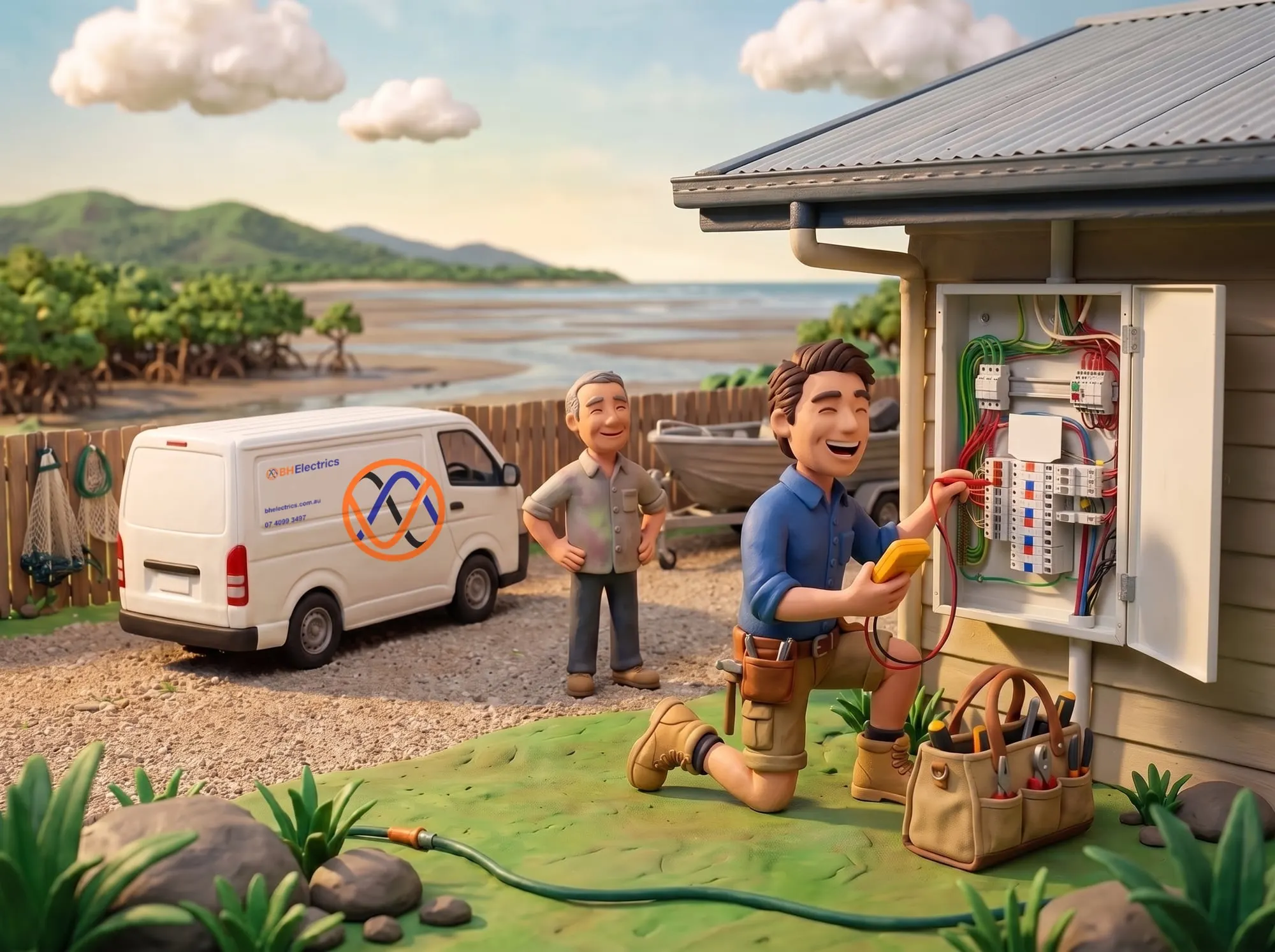 Claymation scene of a BH Electrics electrician testing an open switchboard on the wall of a Cooya Beach house, the mudflats and mangroves behind