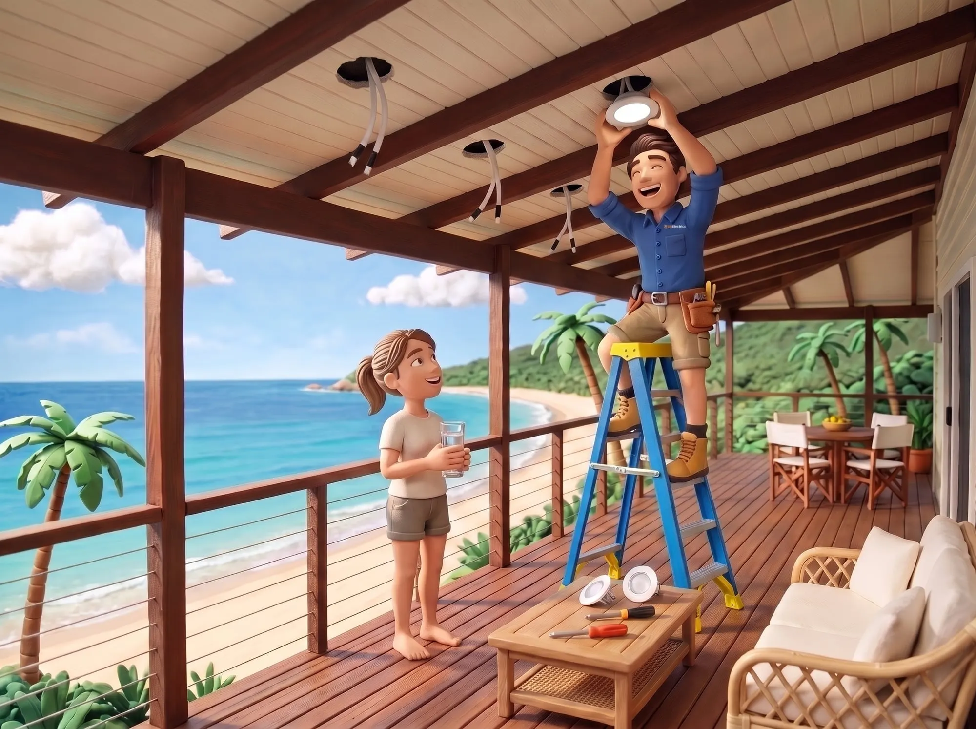 Claymation scene of a BH Electrics electrician up a step ladder fitting downlights into the patio ceiling of a high-set Cow Bay house overlooking the beach