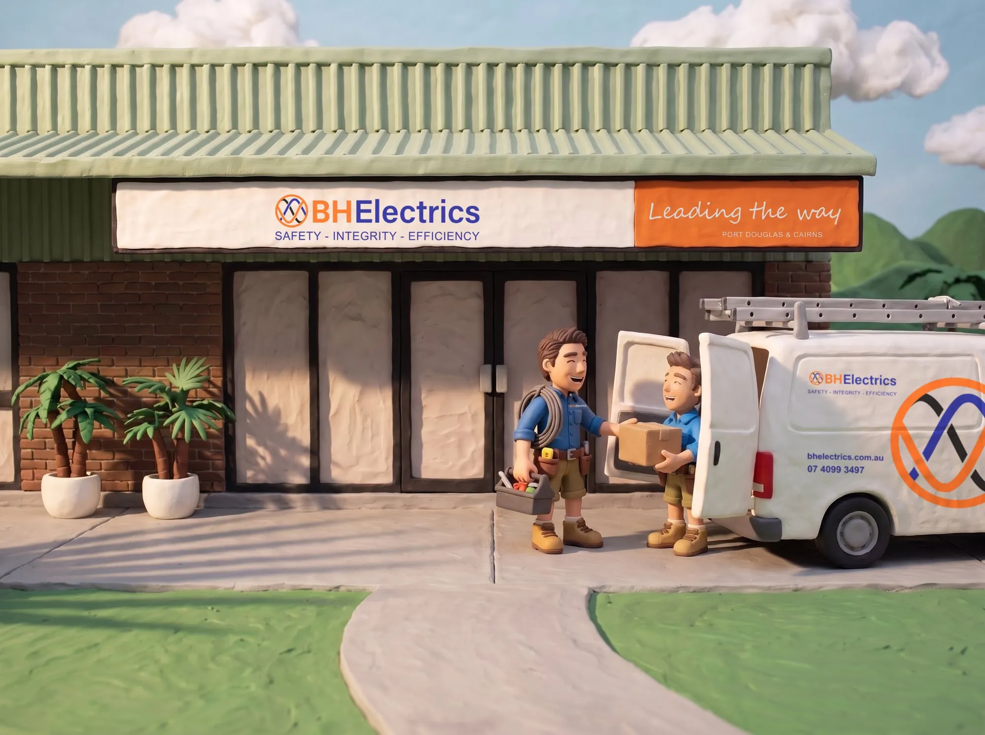 Claymation scene of two BH Electrics electricians loading a box into the work van outside the BH Electrics workshop at Craiglie