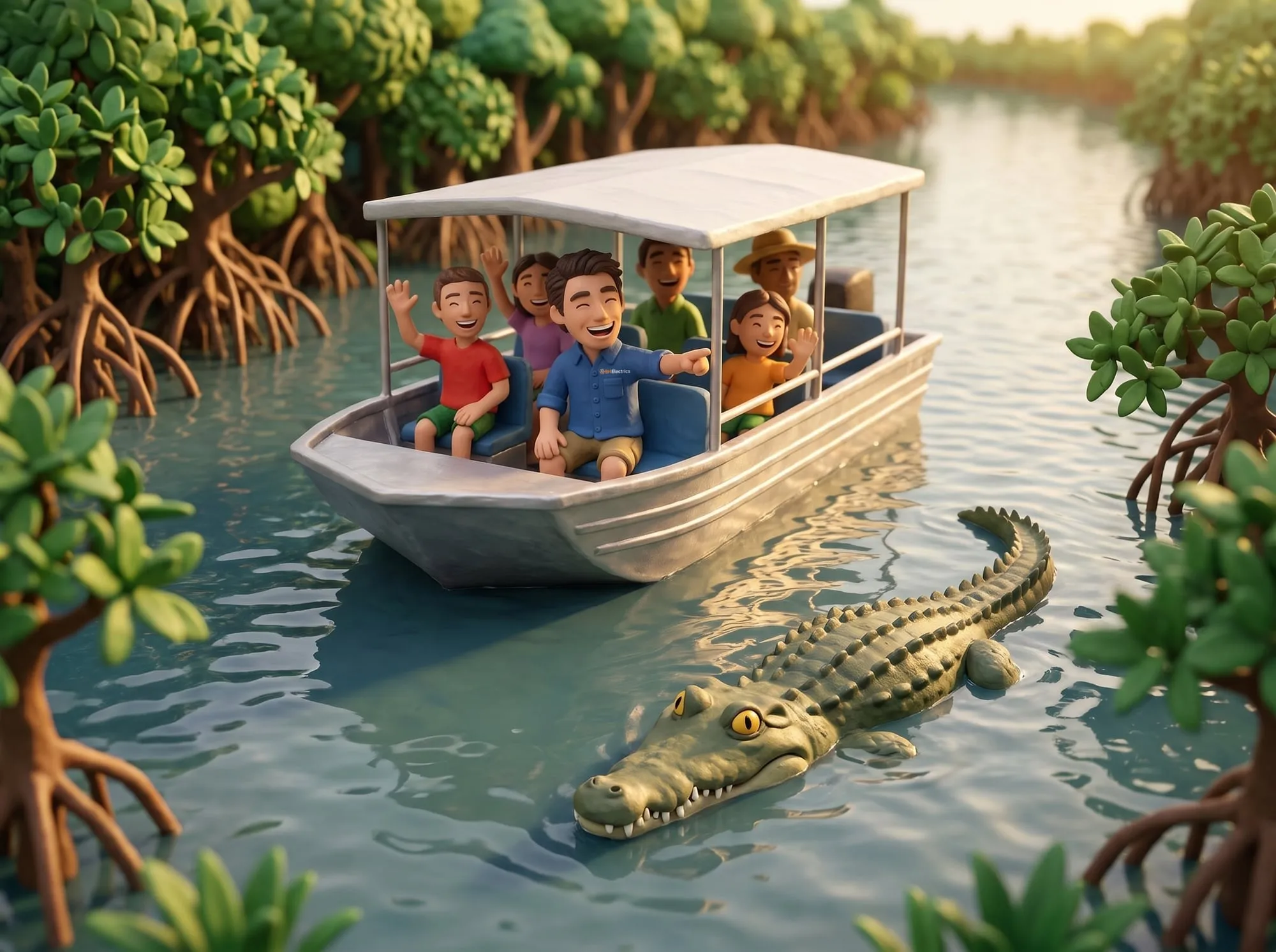 Claymation scene of a BH Electrics electrician on a Daintree River cruise with other passengers, a saltwater crocodile alongside the boat