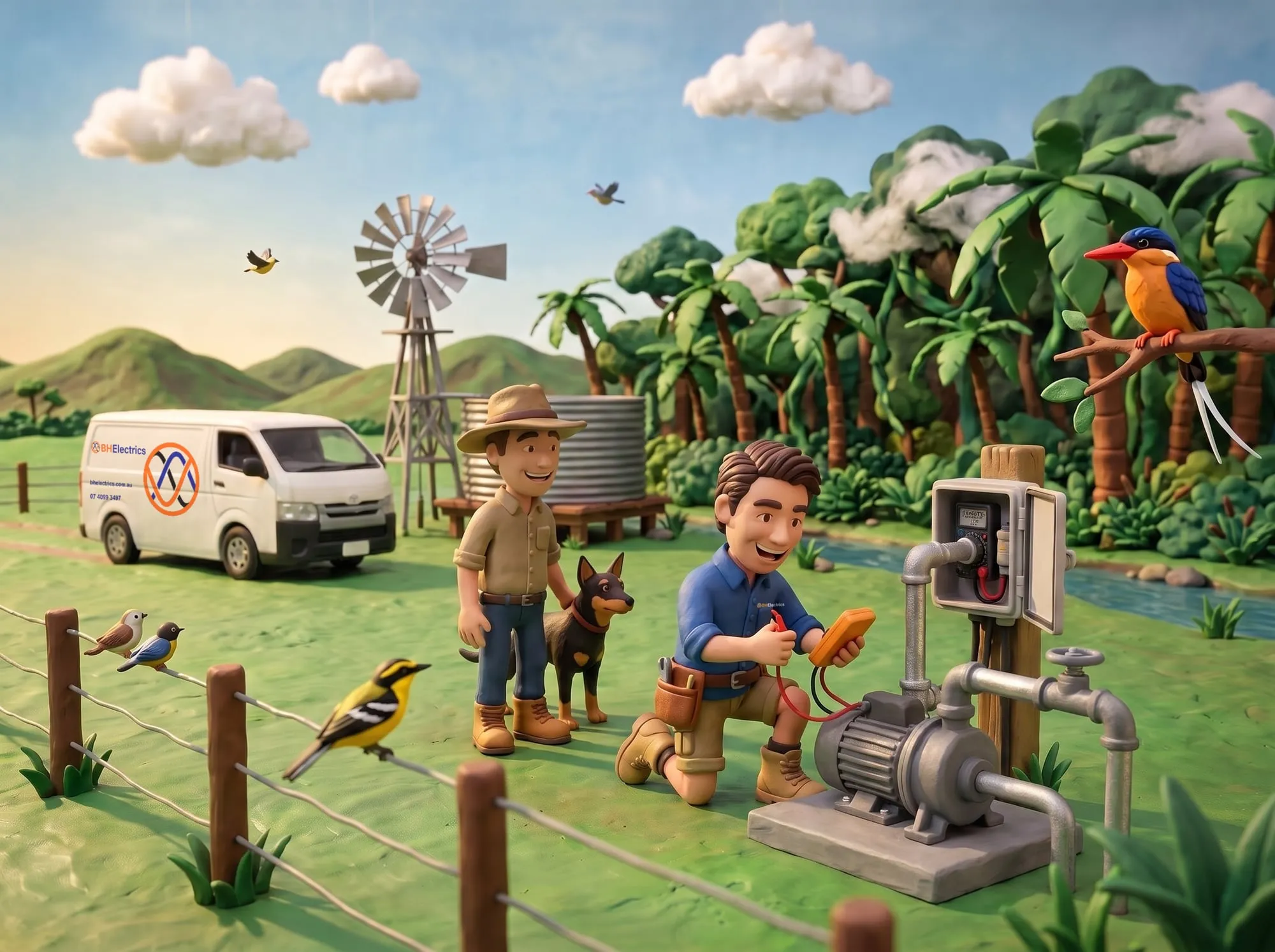 Claymation scene of a BH Electrics electrician testing a bore pump on a Julatten property while the landowner watches, birds on the fence wire