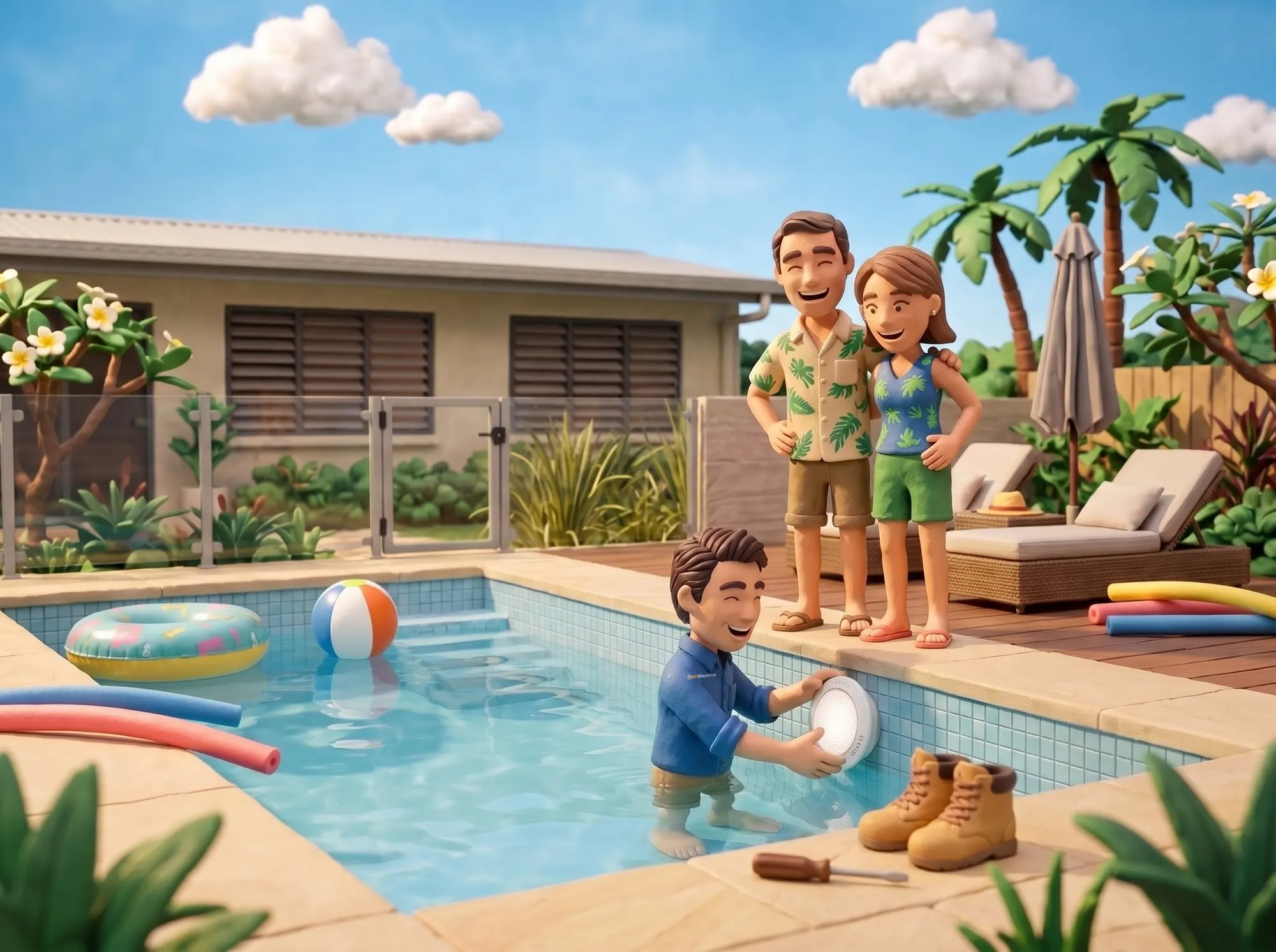 Claymation scene of a BH Electrics electrician standing in a Kewarra Beach swimming pool fitting a pool light while the homeowners watch from the deck