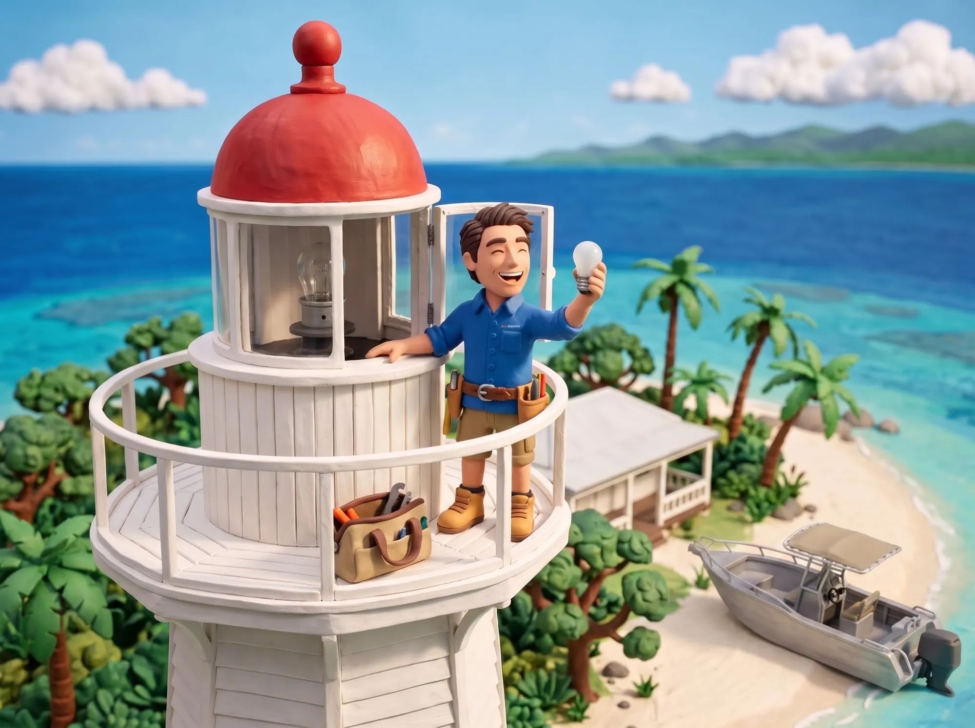 Claymation scene of a BH Electrics electrician changing the light globe at the top of the Low Isles lighthouse, a mate on the sand below with the spares