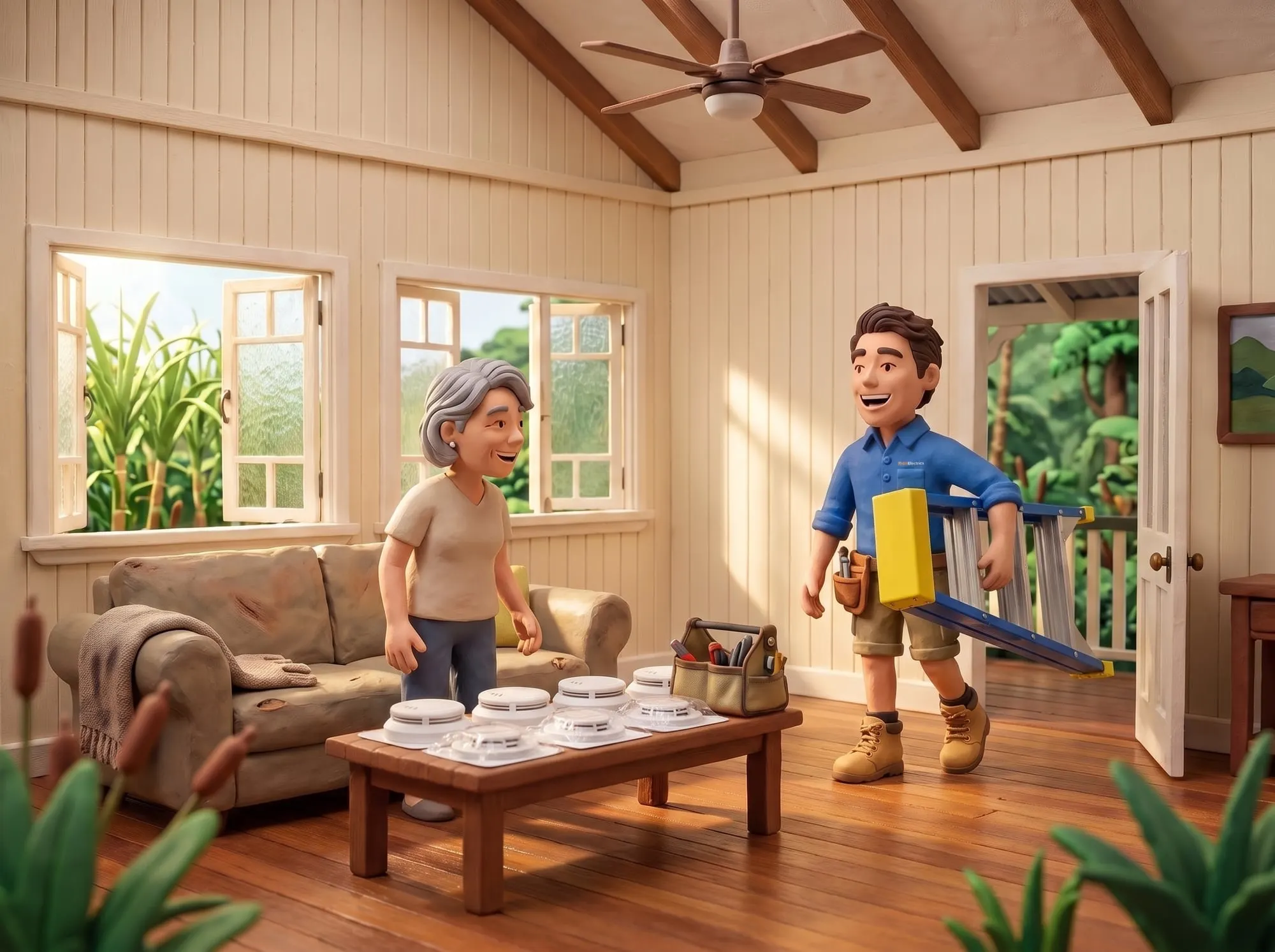 Claymation scene of a BH Electrics electrician arriving at a Miallo home with a step ladder, new smoke alarms laid out on the table ready to fit
