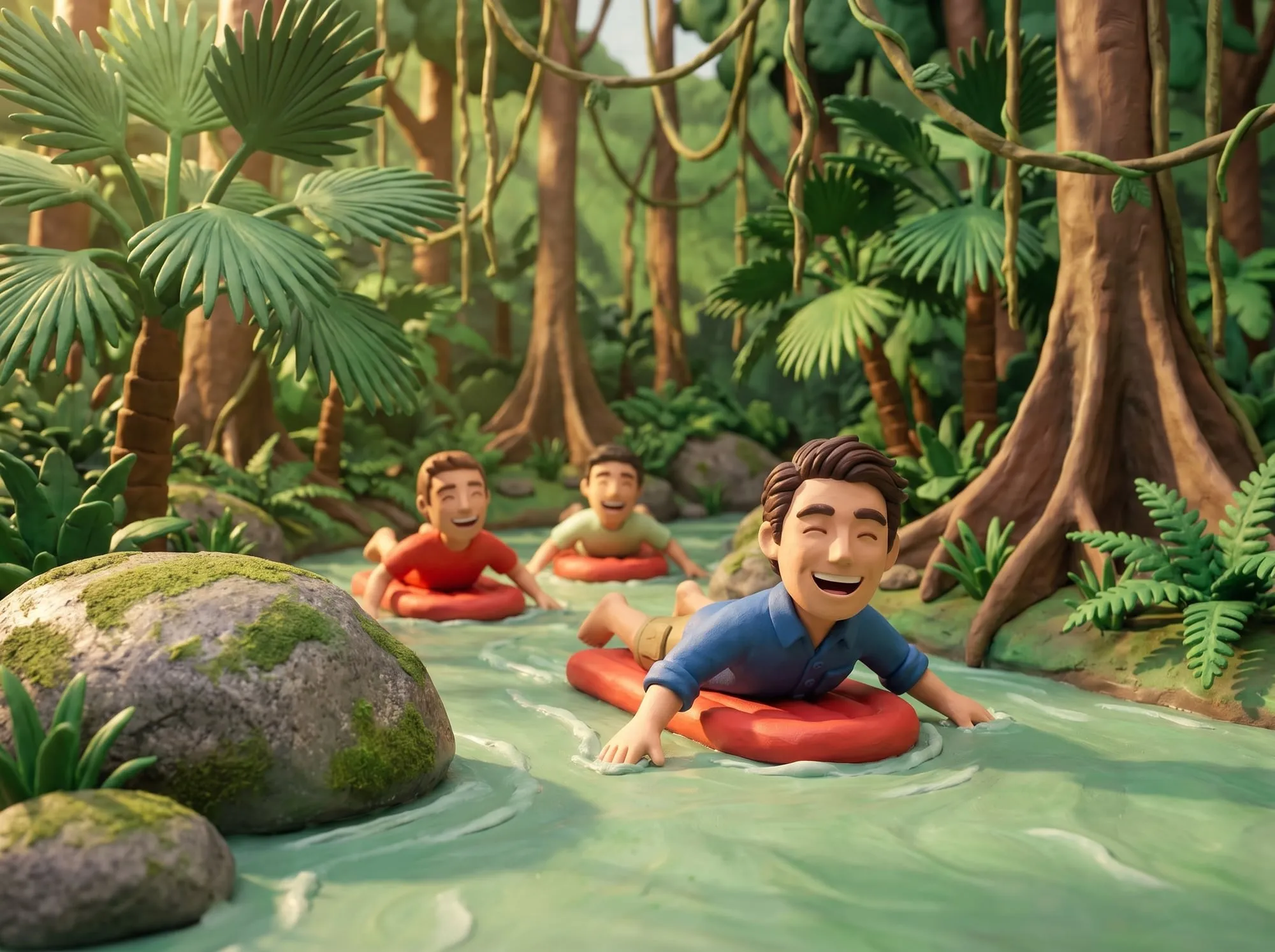 Claymation scene of a BH Electrics electrician and two mates floating down the Mossman River through rainforest