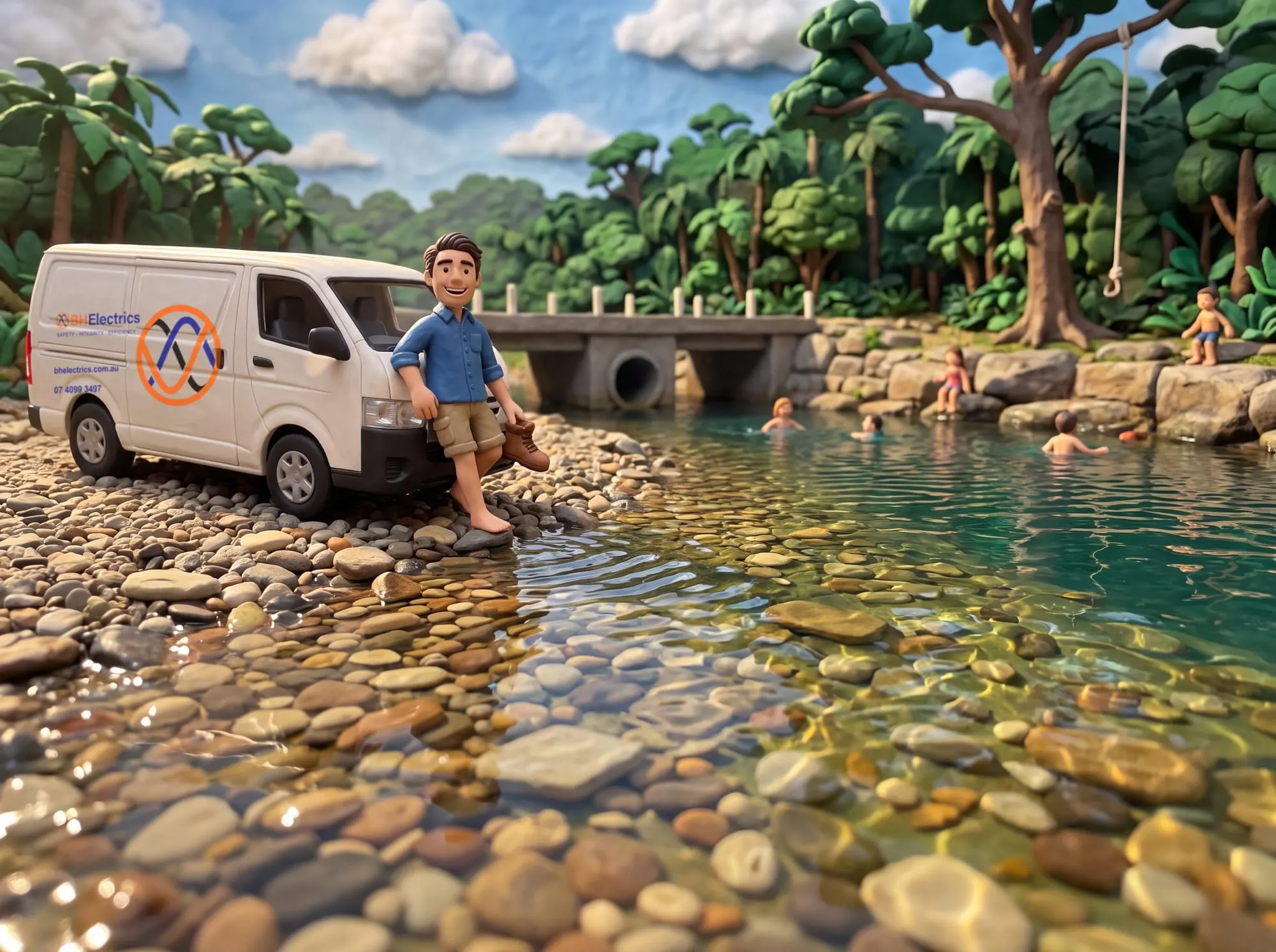 Claymation scene of a BH Electrics electrician taking his boots off against the work van at the Mowbray River swimming hole, families swimming behind him and the causeway crossing the river