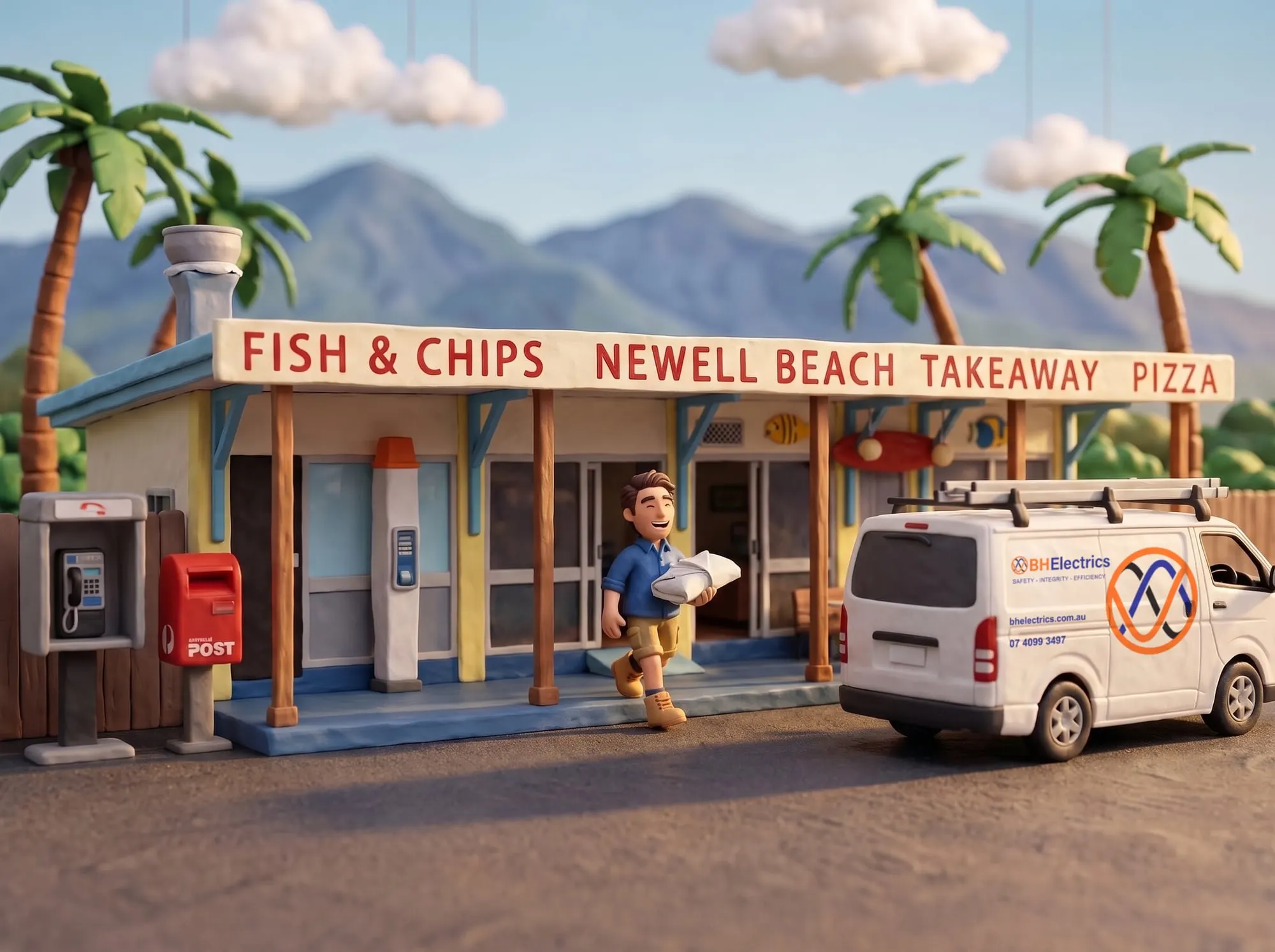 Claymation scene of a BH Electrics electrician leaving the Newell Beach takeaway with fish and chips, the work van parked alongside