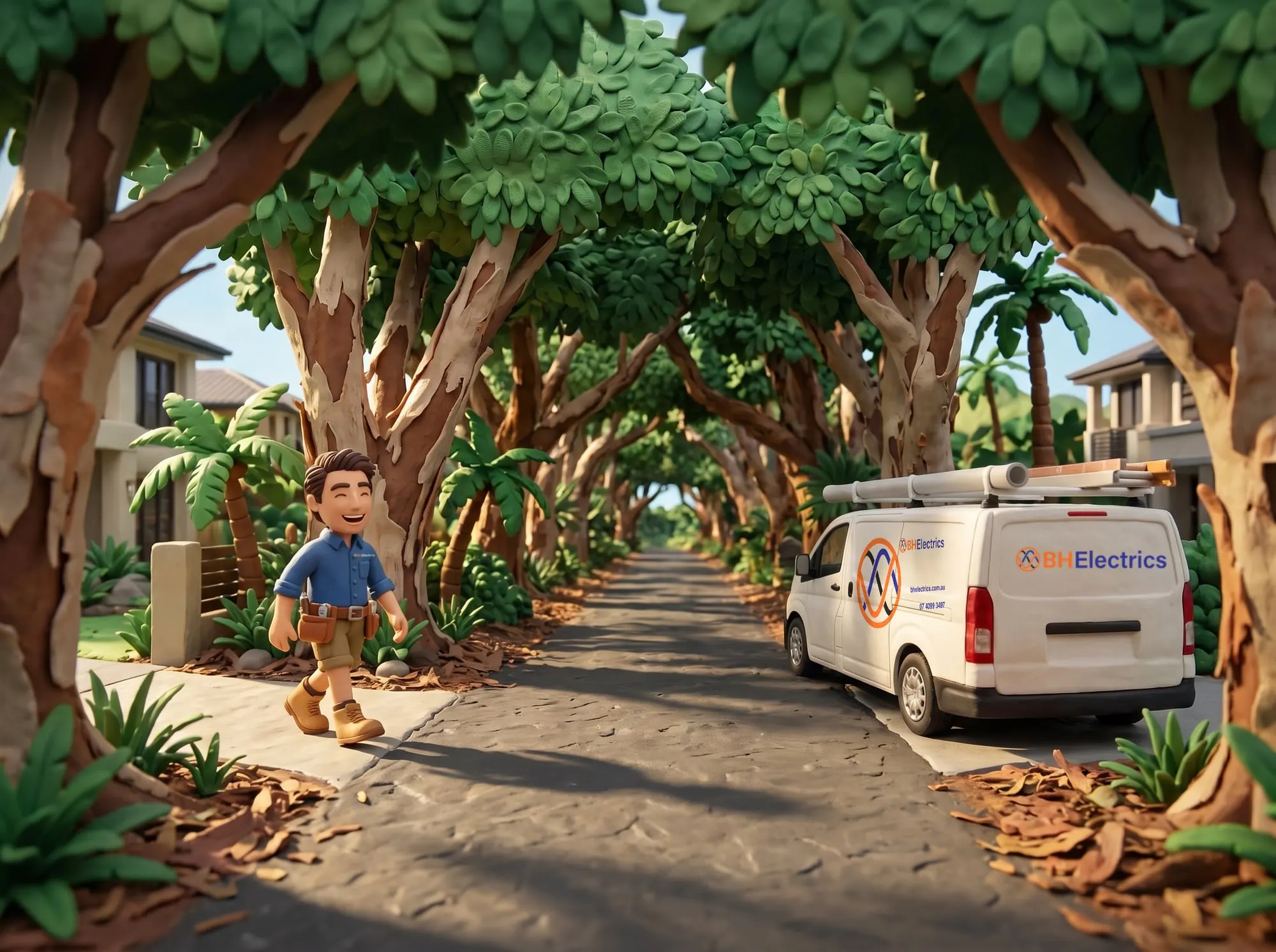 Claymation scene of a BH Electrics electrician leaving a driveway on tree lined Oak Street at Oak Beach, the work van parked opposite