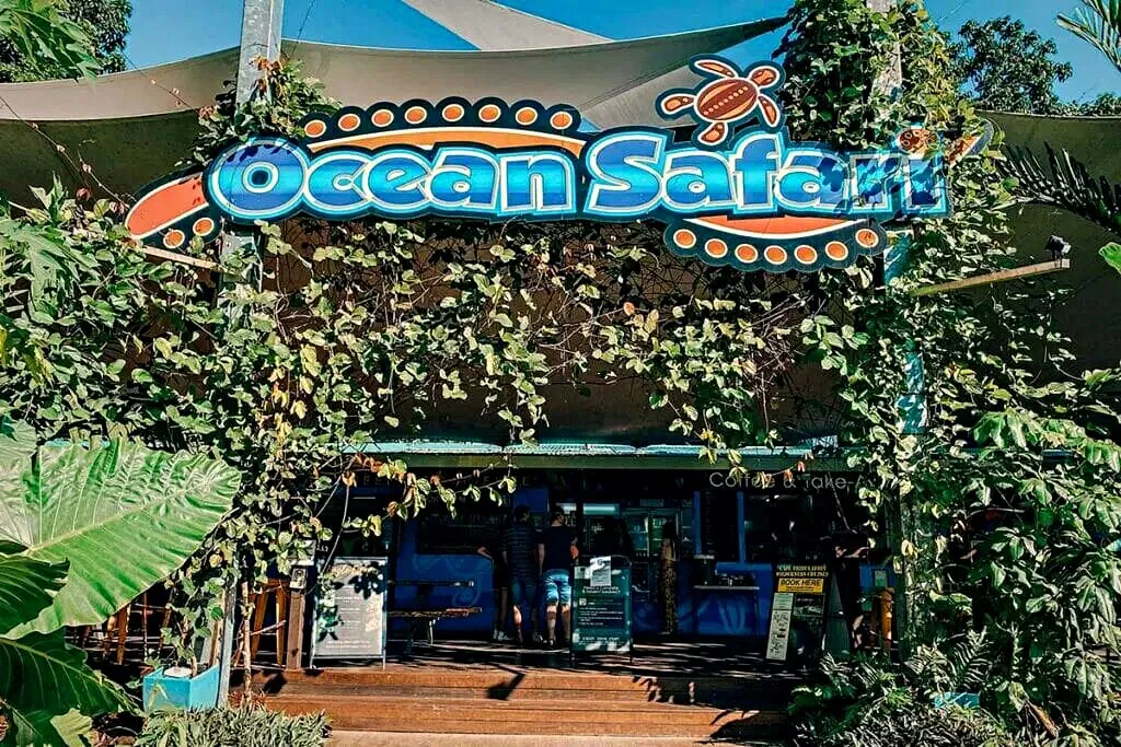The vine-covered Ocean Safari booking hut at Cape Tribulation, signage lit under the rainforest canopy
