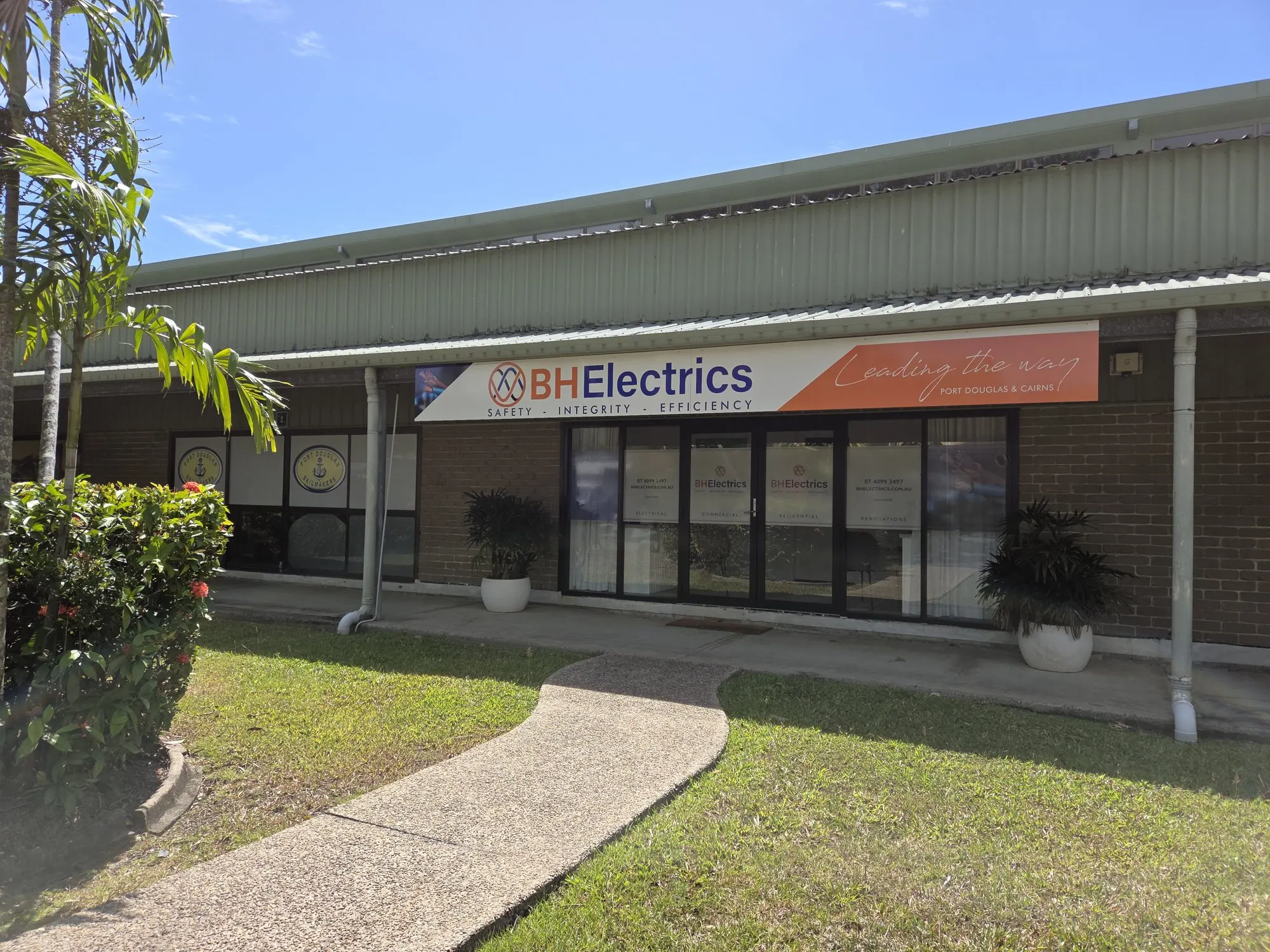 The BH Electrics shopfront at Port Traders, Craiglie, with the signage above the office