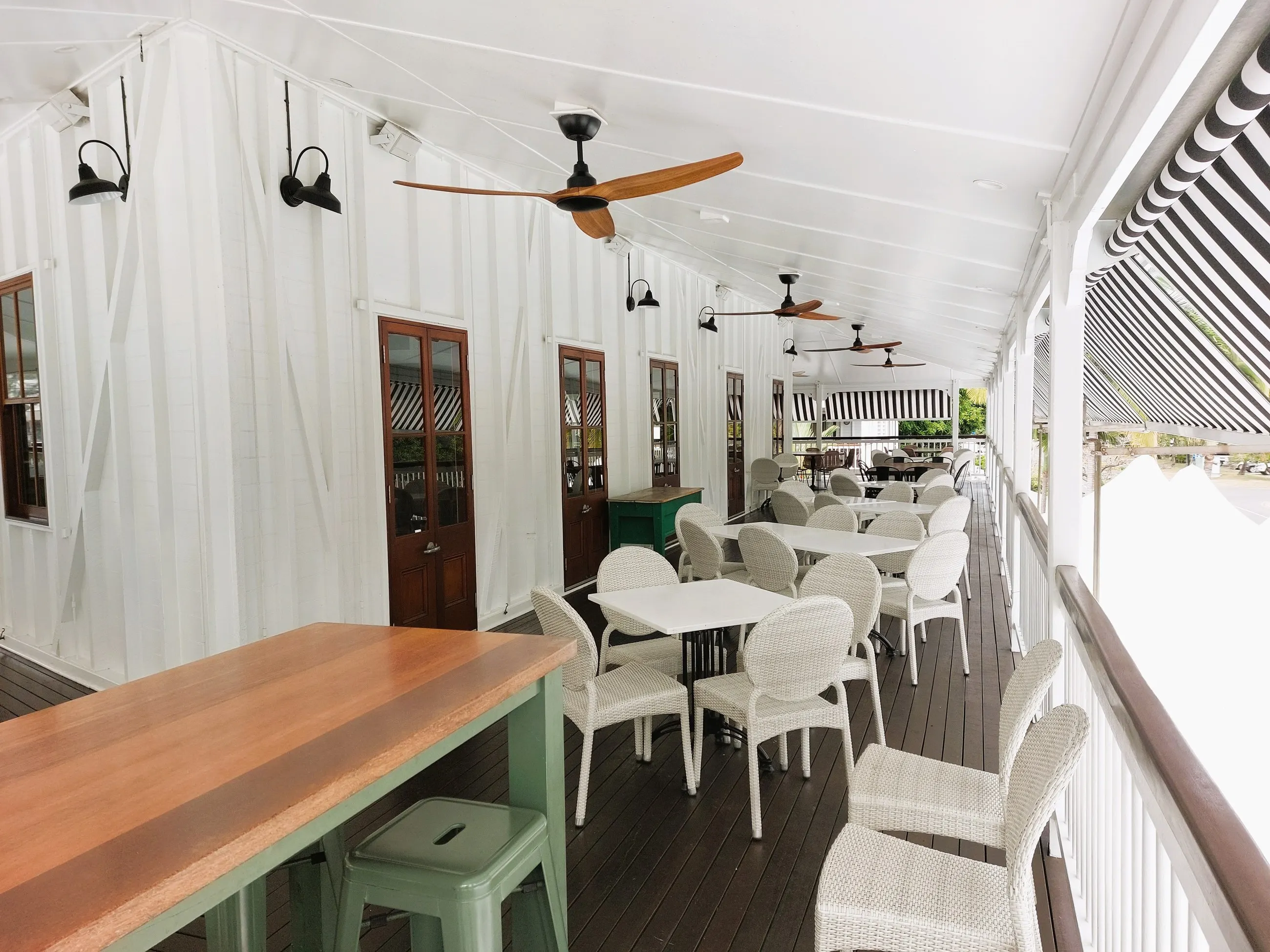 A wide hospitality verandah with ceiling fans and wall lights over the tables