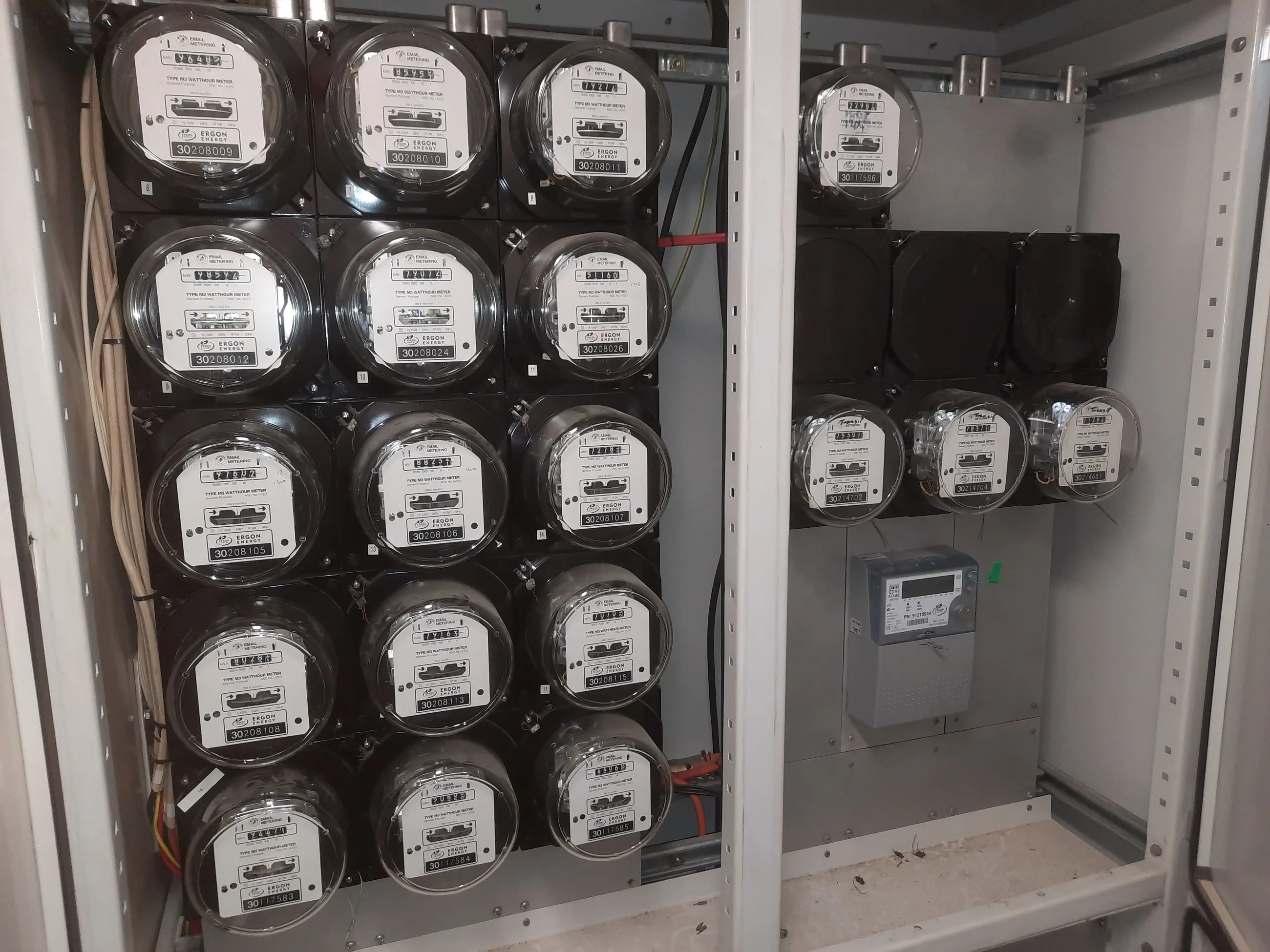 A bank of eighteen tenancy meters in a commercial switchroom