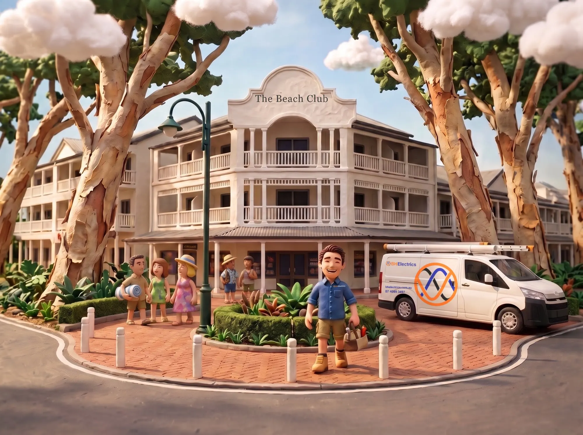 Claymation scene of a BH Electrics electrician on the esplanade outside Peppers Beach Club at Palm Cove, the work van parked at the kerb
