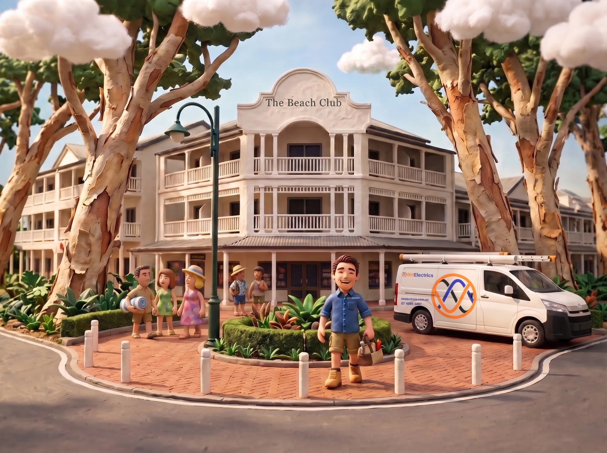 Claymation scene of a BH Electrics electrician on the esplanade outside Peppers Beach Club at Palm Cove, the work van parked at the kerb