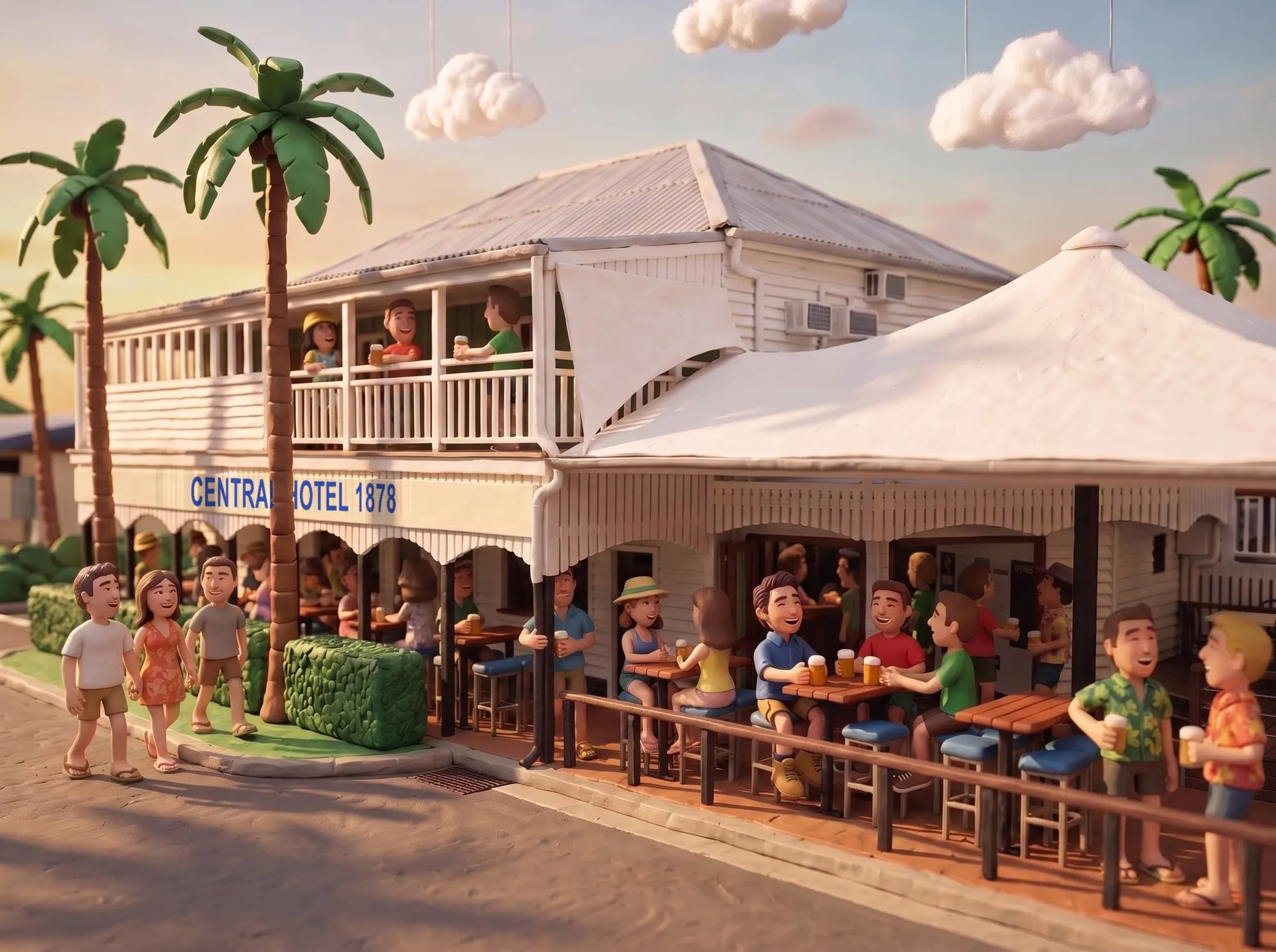 Claymation scene of a BH Electrics electrician and two mates having a beer outside the Central Hotel on Macrossan Street, Port Douglas