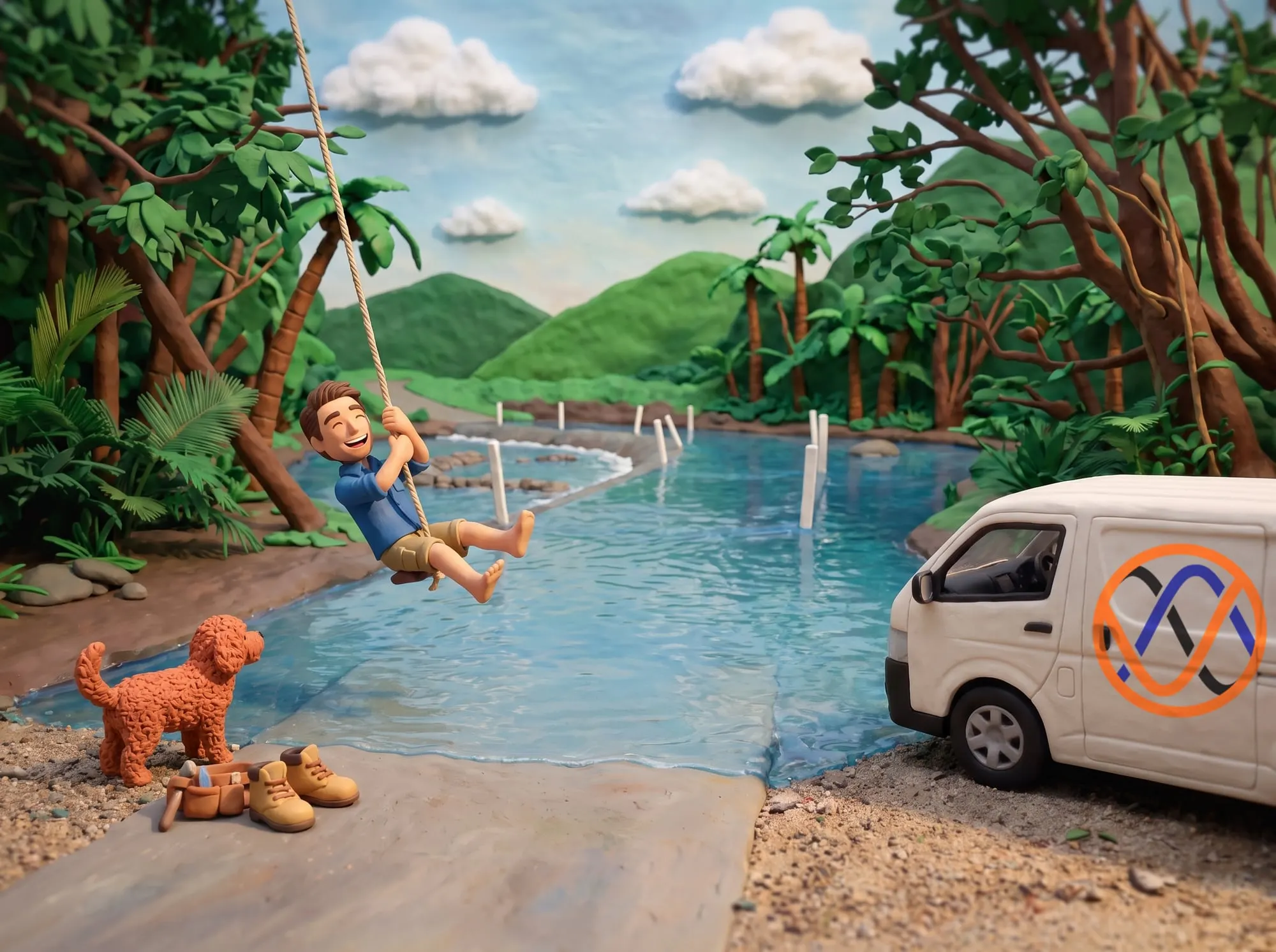 Claymation scene of a BH Electrics electrician swinging on a rope swing over the swimming hole at the Shannonvale causeway, his dog in the shallows