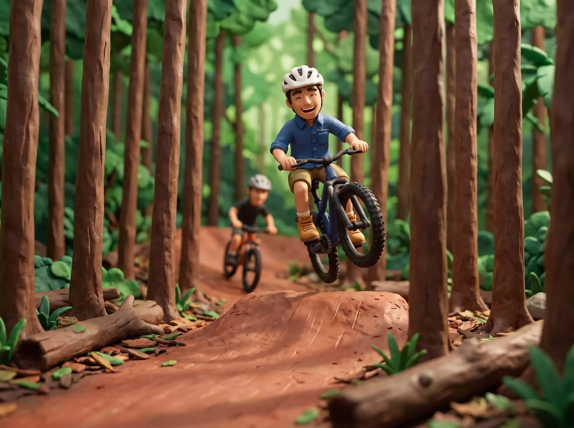 Claymation scene of a BH Electrics electrician riding a mountain bike over a jump on the Smithfield trails, another rider following behind
