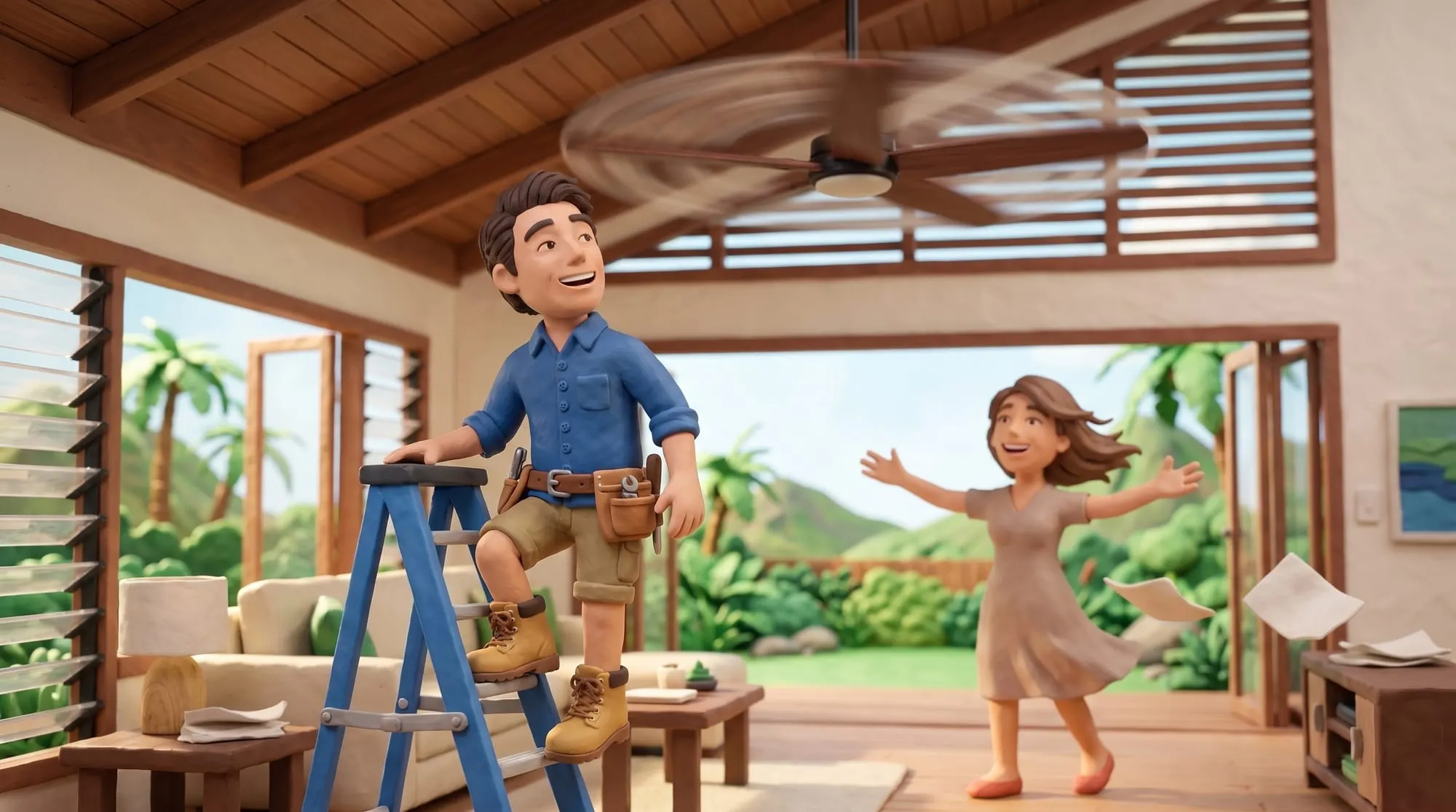 Claymation scene of a BH Electrics electrician on a ladder as a newly fitted ceiling fan spins up, the homeowner standing in the breeze