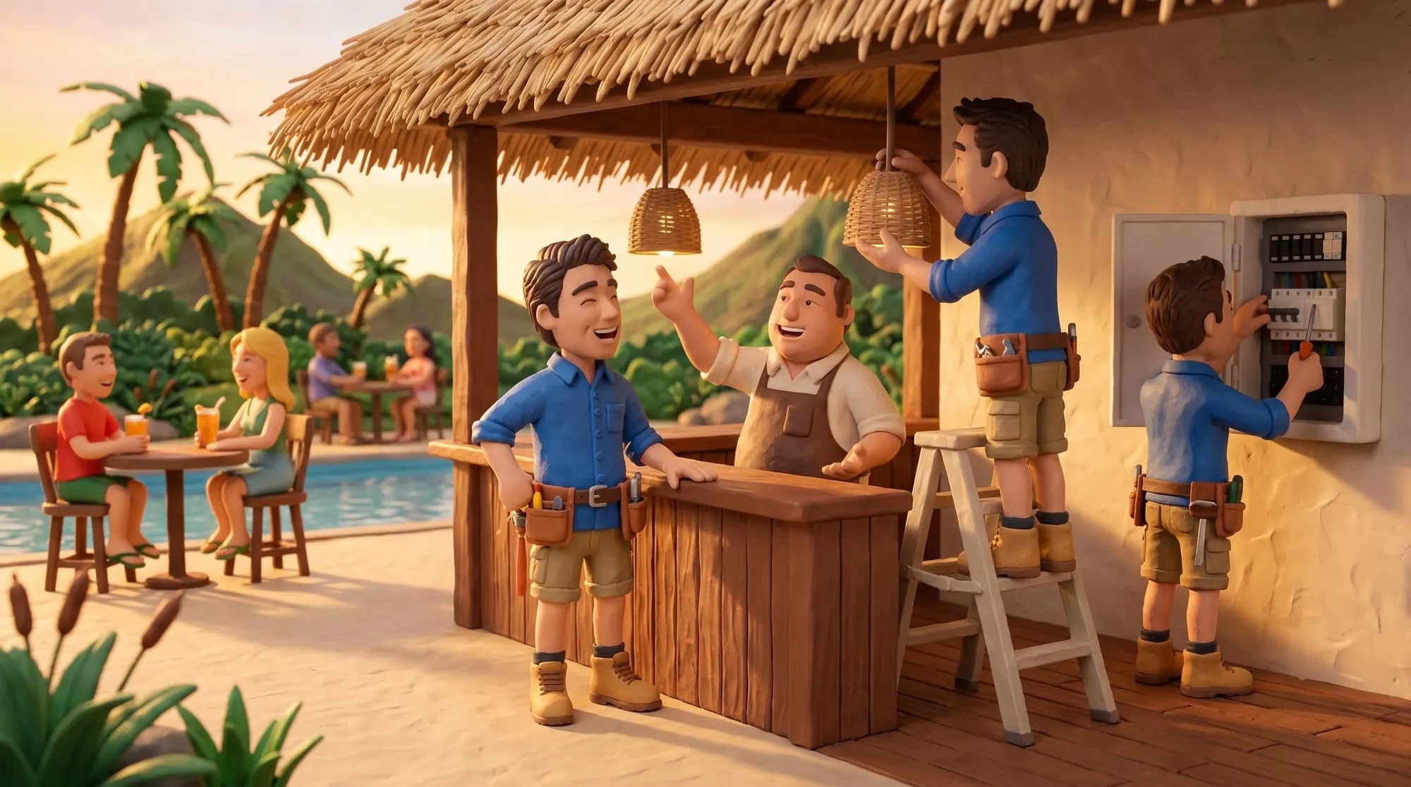 Claymation scene of three BH Electrics electricians working across a resort pool bar at sunset with the venue manager, guests still at the tables