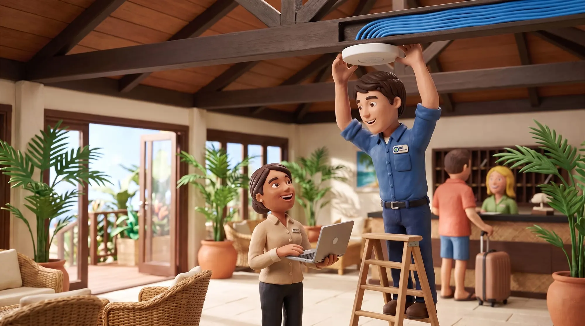 Claymation scene of a BH Electrics electrician fitting a wireless access point to a resort reception ceiling while the duty manager watches with a laptop