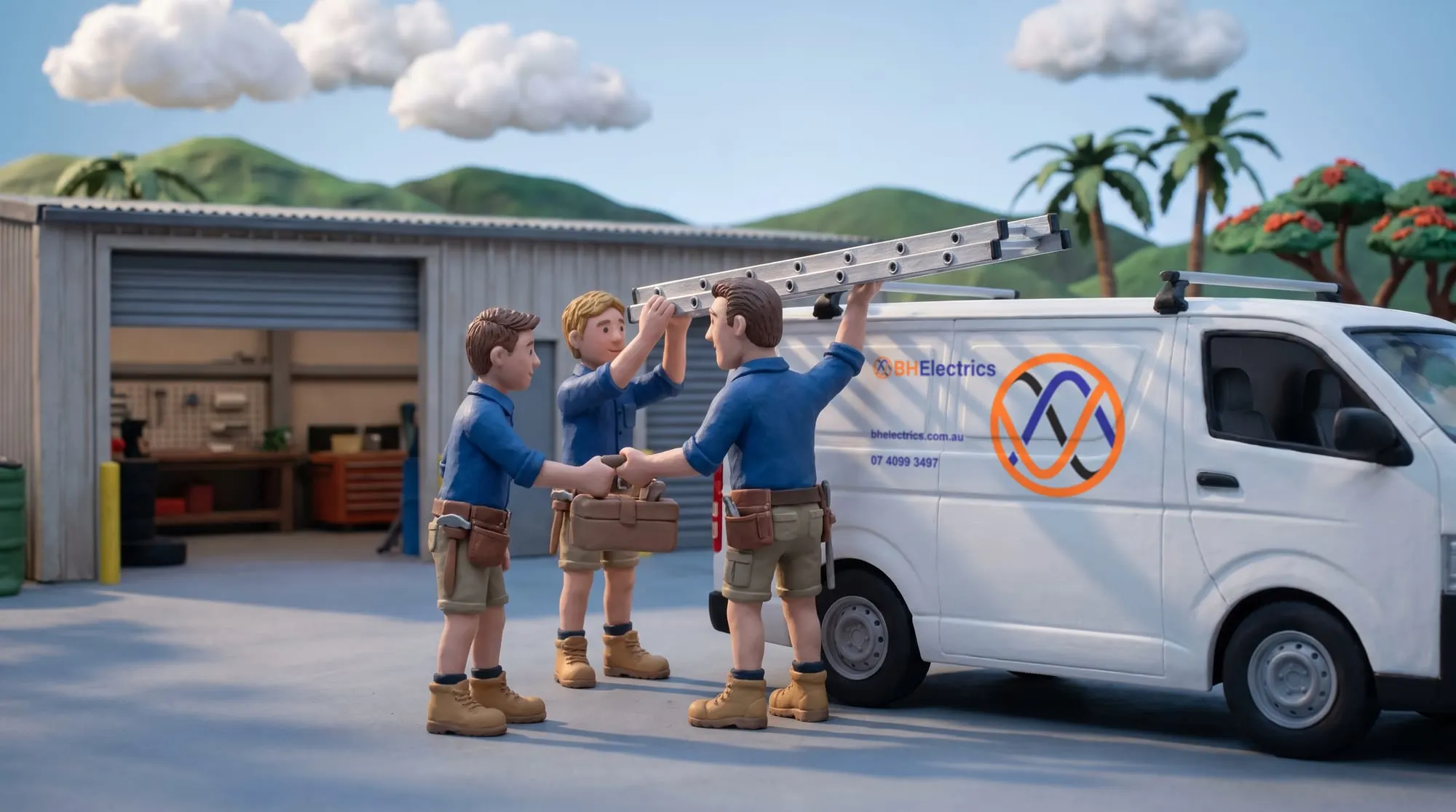 Claymation scene of three BH Electrics electricians at the workshop yard lifting a ladder off the roof rack of the work van