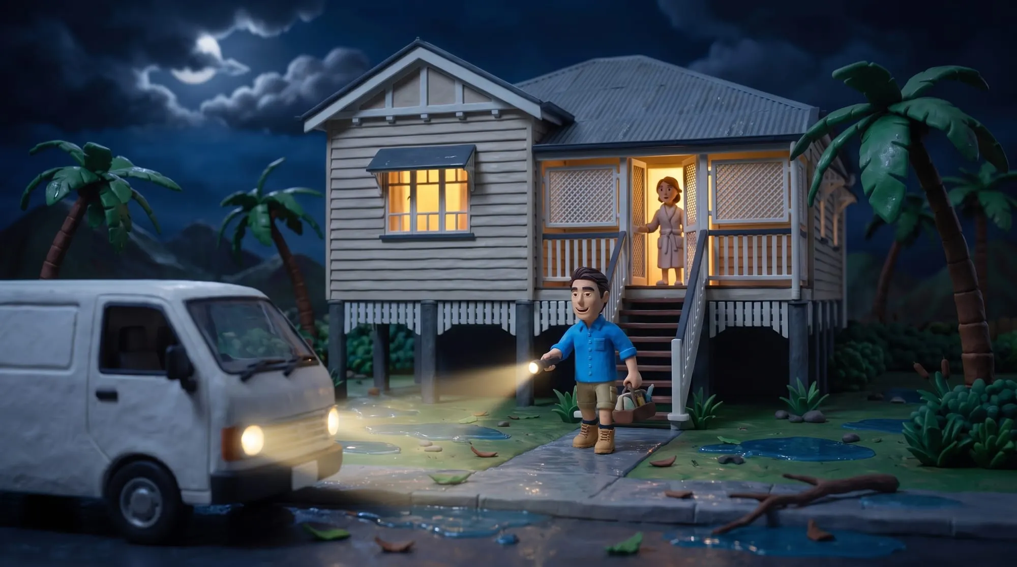 Claymation scene of a BH Electrics electrician arriving at a Queenslander at night with a torch, the customer waiting at the top of the steps