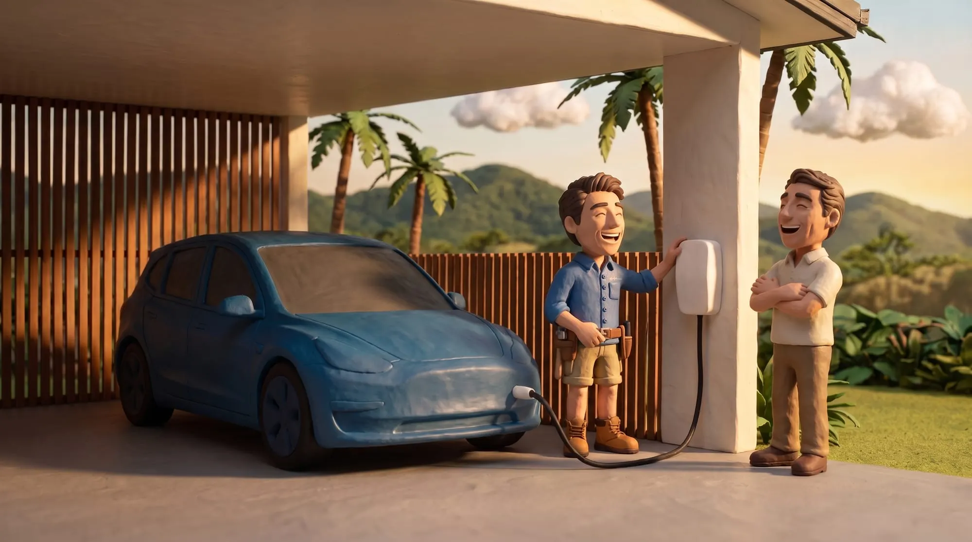 Claymation scene of a BH Electrics electrician explaining a newly installed home charger to the owner, an electric car on charge in the carport behind them
