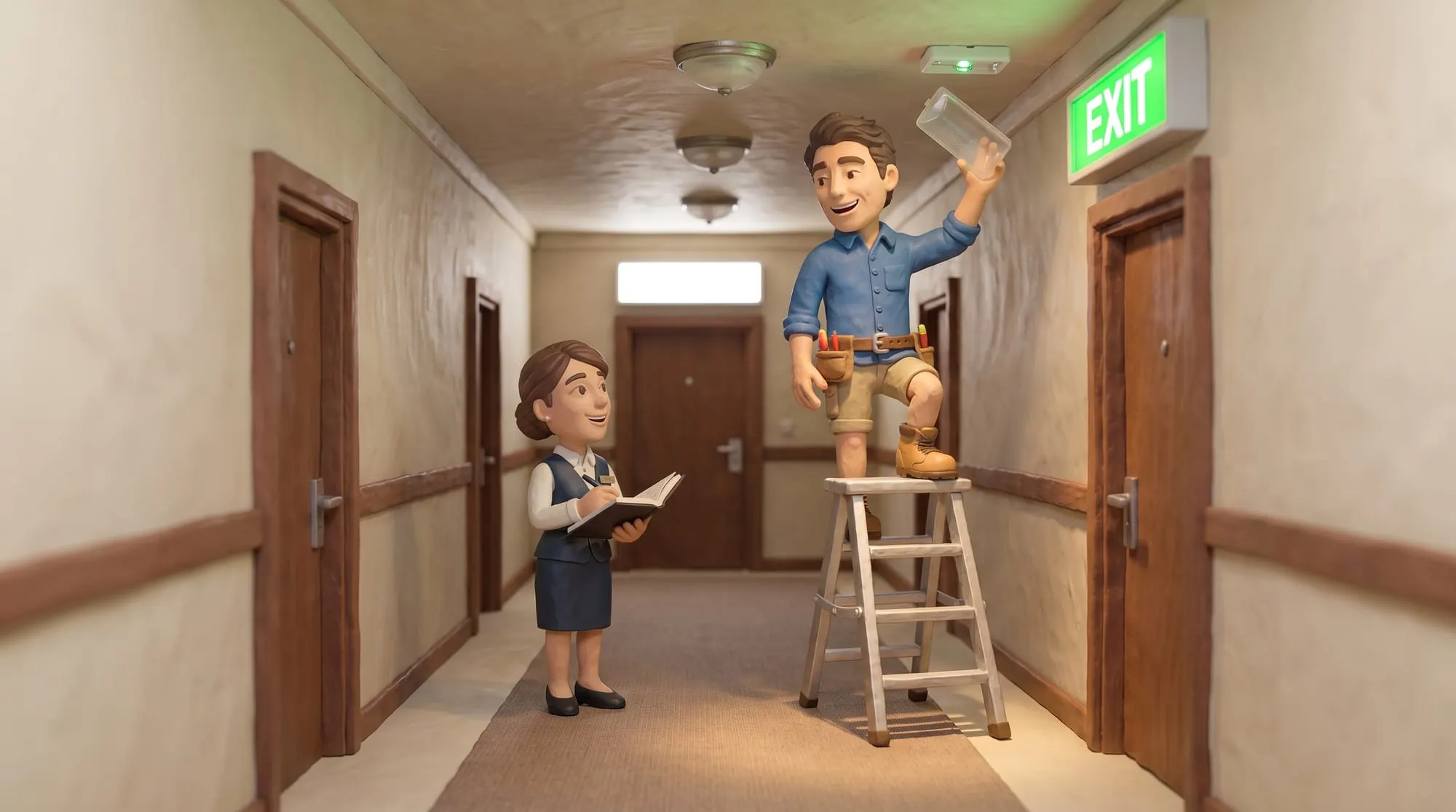 Claymation scene of a BH Electrics electrician on a ladder with the cover off an emergency light in a hotel corridor, the duty manager below holding the logbook open