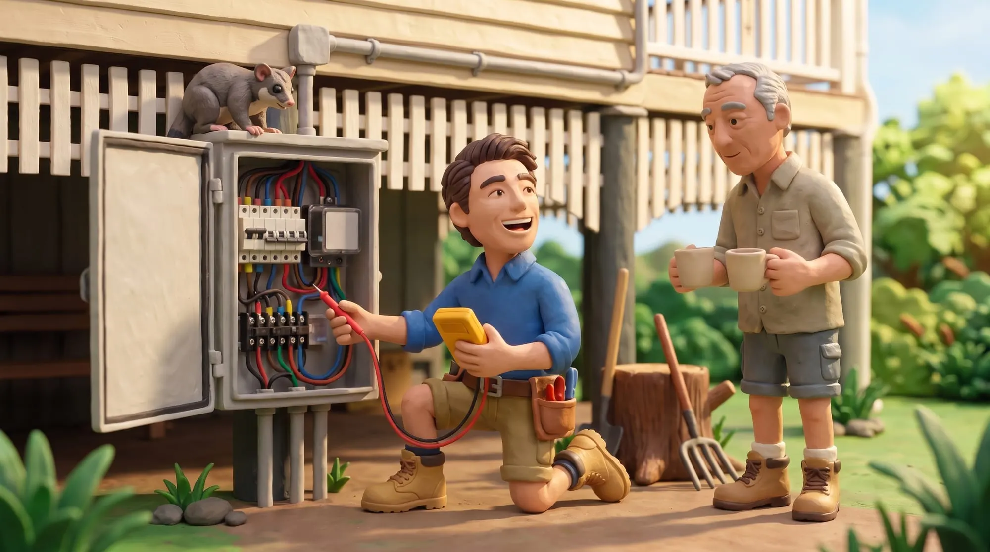 Claymation scene of a BH Electrics electrician testing a meter box with a multimeter while the homeowner waits with two cups of tea