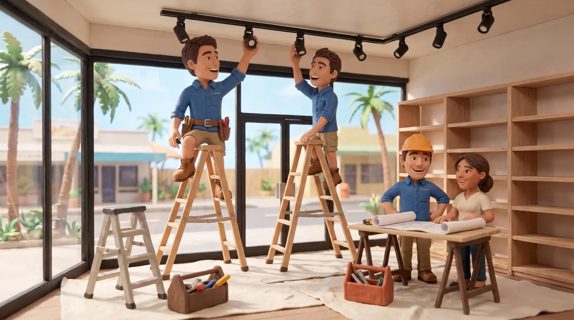 Claymation scene of two BH Electrics electricians setting track lighting into a shop ceiling grid mid fit-out while the builder and the shop owner work from drawings