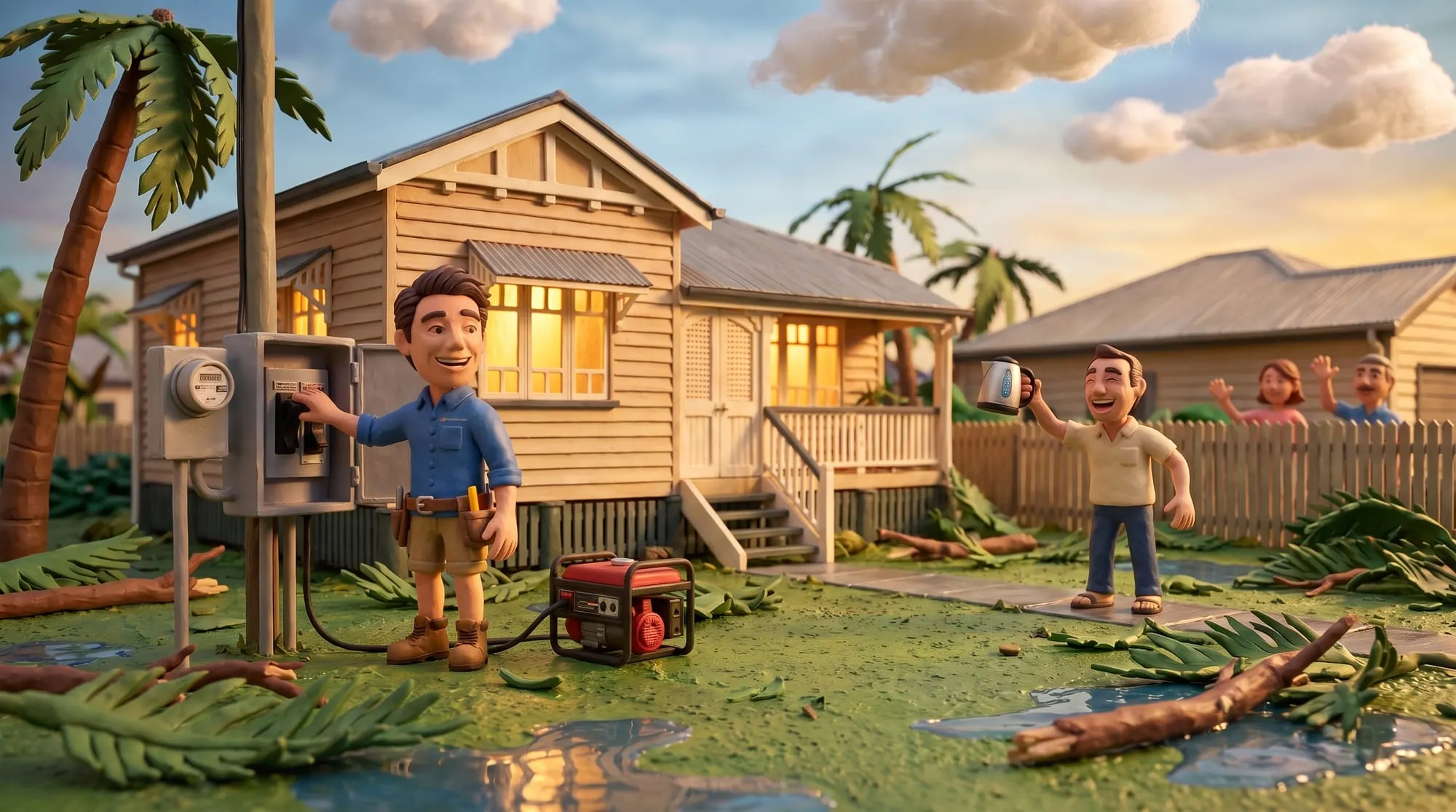 Claymation scene of a BH Electrics electrician at a changeover switch beside a meter box after a storm, a generator running on the lawn and the owner holding up a kettle