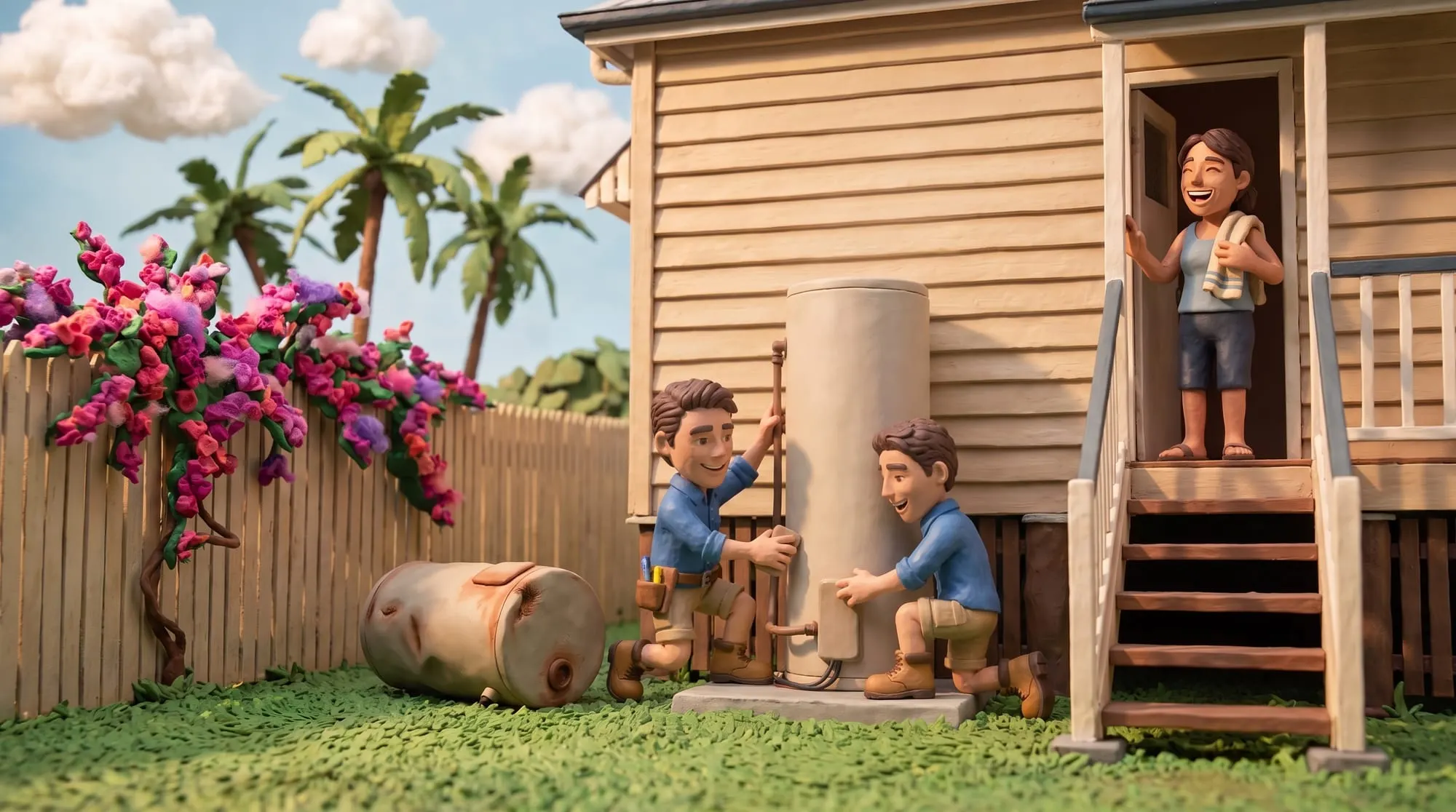 Claymation scene of two BH Electrics electricians connecting a new hot water cylinder beside a Queenslander while the owner waits in the doorway with a towel