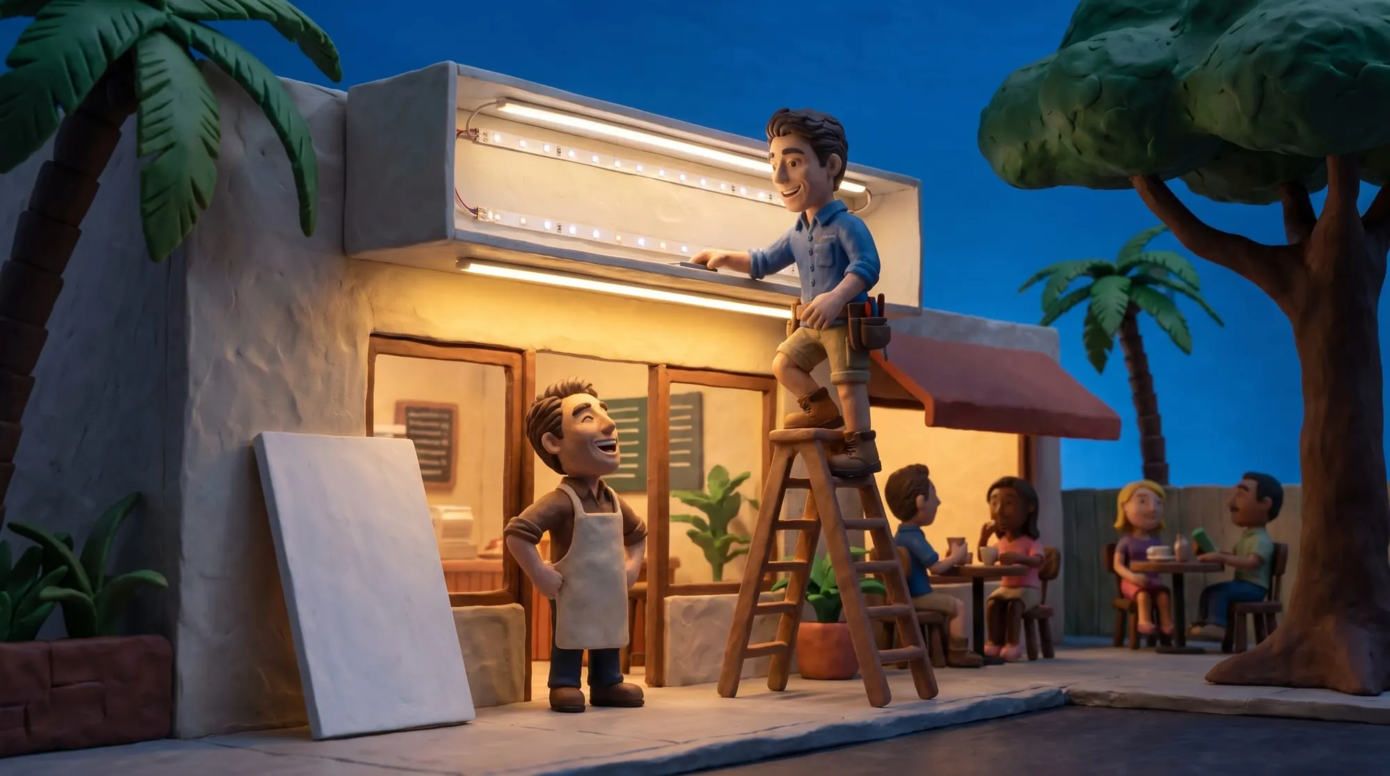 Claymation scene of a BH Electrics electrician working on an illuminated shopfront sign at dusk with its face removed, the cafe owner looking up from the footpath