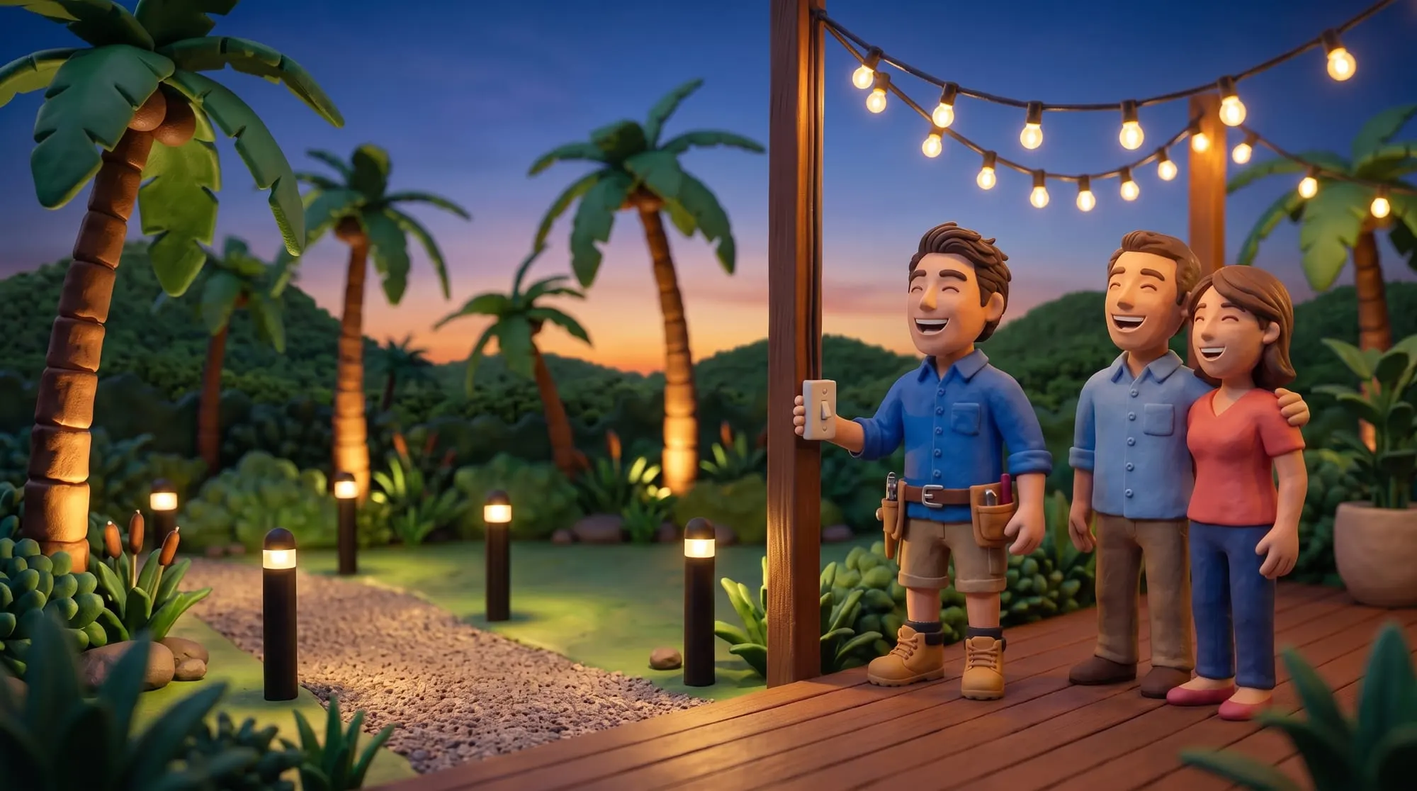 Claymation scene of a BH Electrics electrician switching on festoon and garden lighting at dusk for two customers on a deck