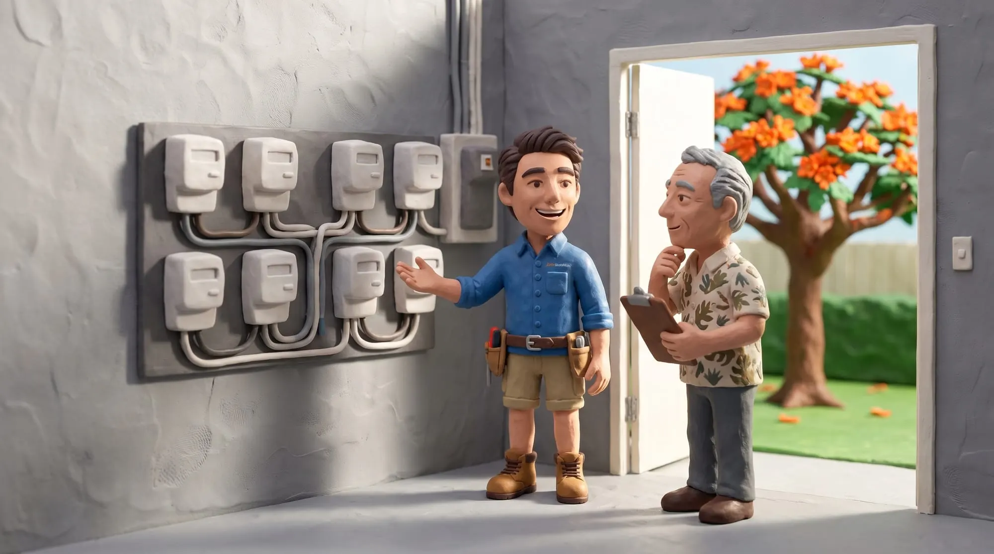 Claymation scene of a BH Electrics electrician going through a new bank of tenancy sub-meters with a body corporate chair holding a clipboard