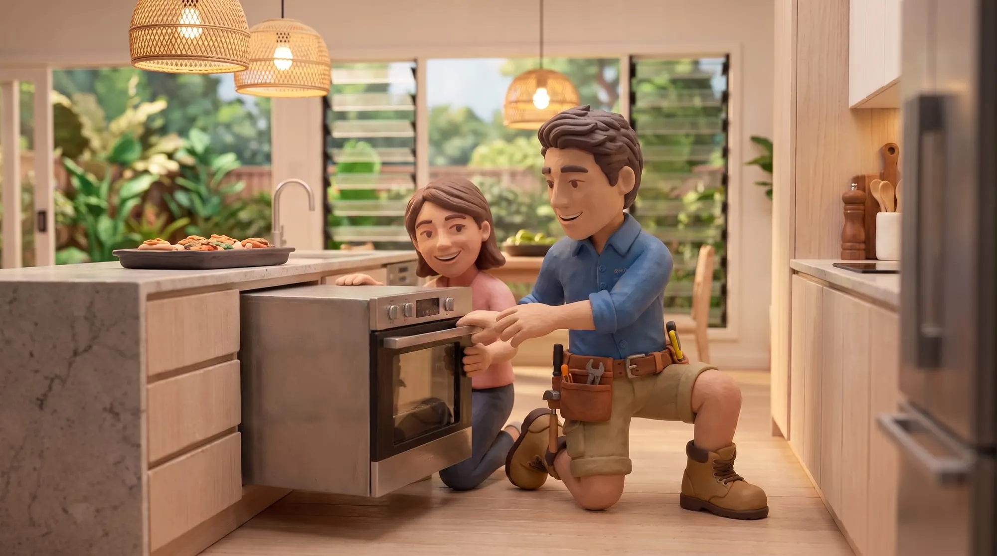 Claymation scene of a BH Electrics electrician and a homeowner sliding a new oven into its cabinet in a finished kitchen