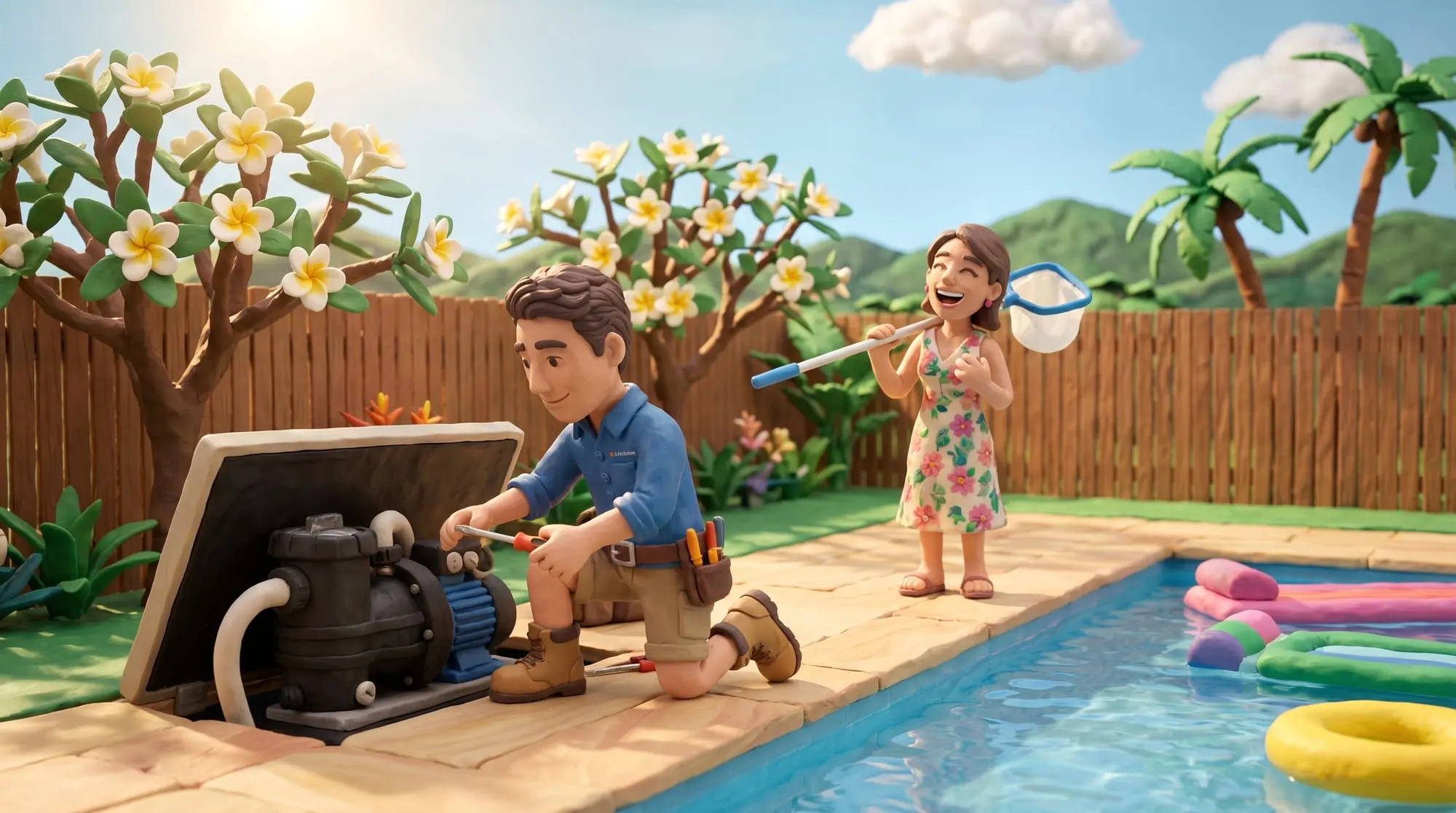 Claymation scene of a BH Electrics electrician working on the pool pump and heater at an open poolside equipment bay while the owner watches with a pool net