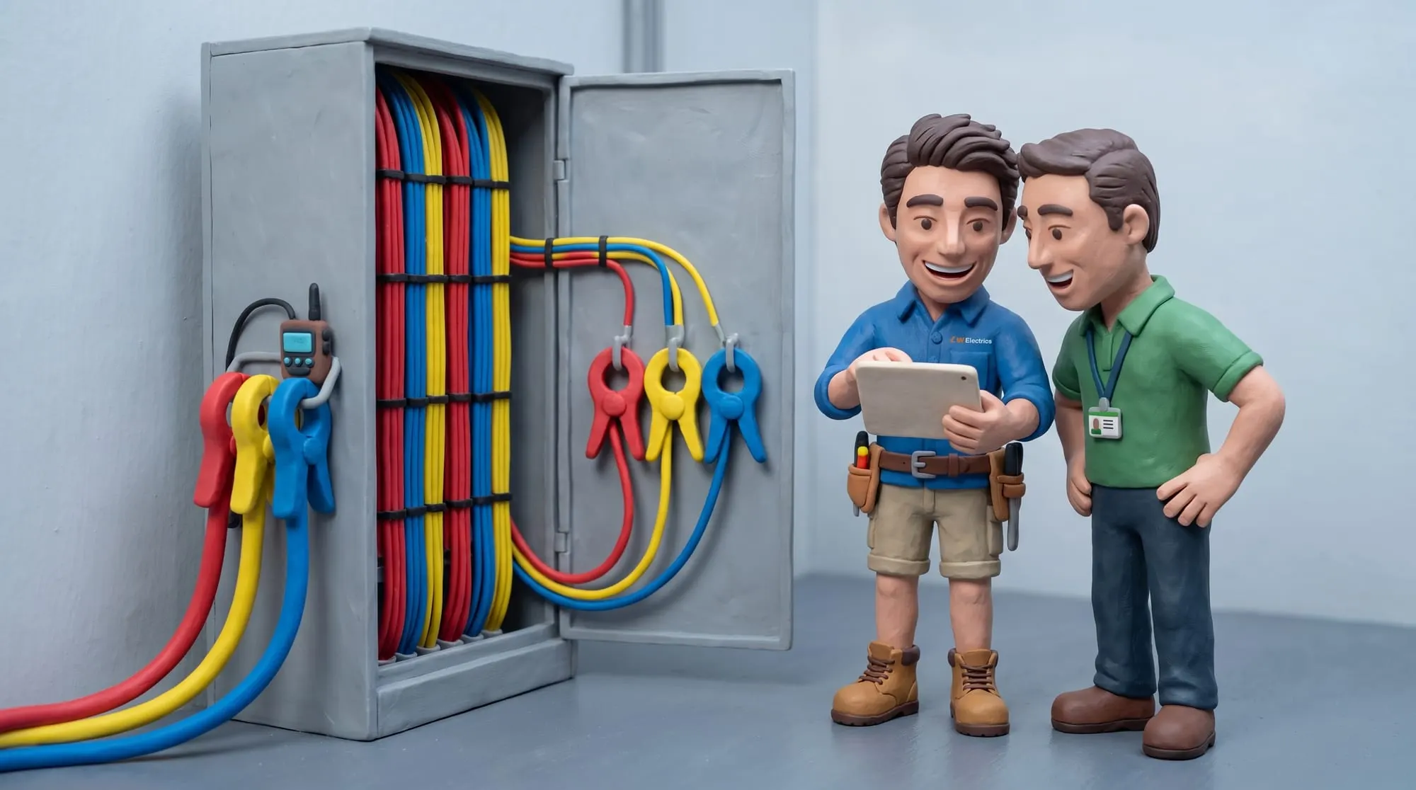 Claymation scene of a BH Electrics electrician and a site manager reading a tablet beside a switchboard with a logger clamped onto the cables