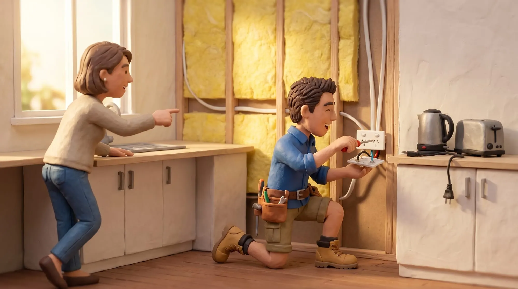 Claymation scene of a BH Electrics electrician wiring a new double power point in an open kitchen wall while the owner points out where she wants another