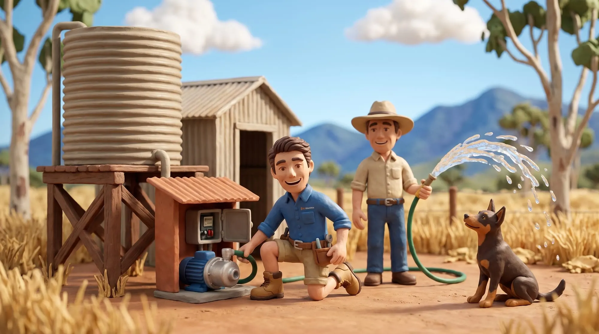 Claymation scene of a BH Electrics electrician testing a pressure pump control box on acreage while the landowner holds a hose that has just come good