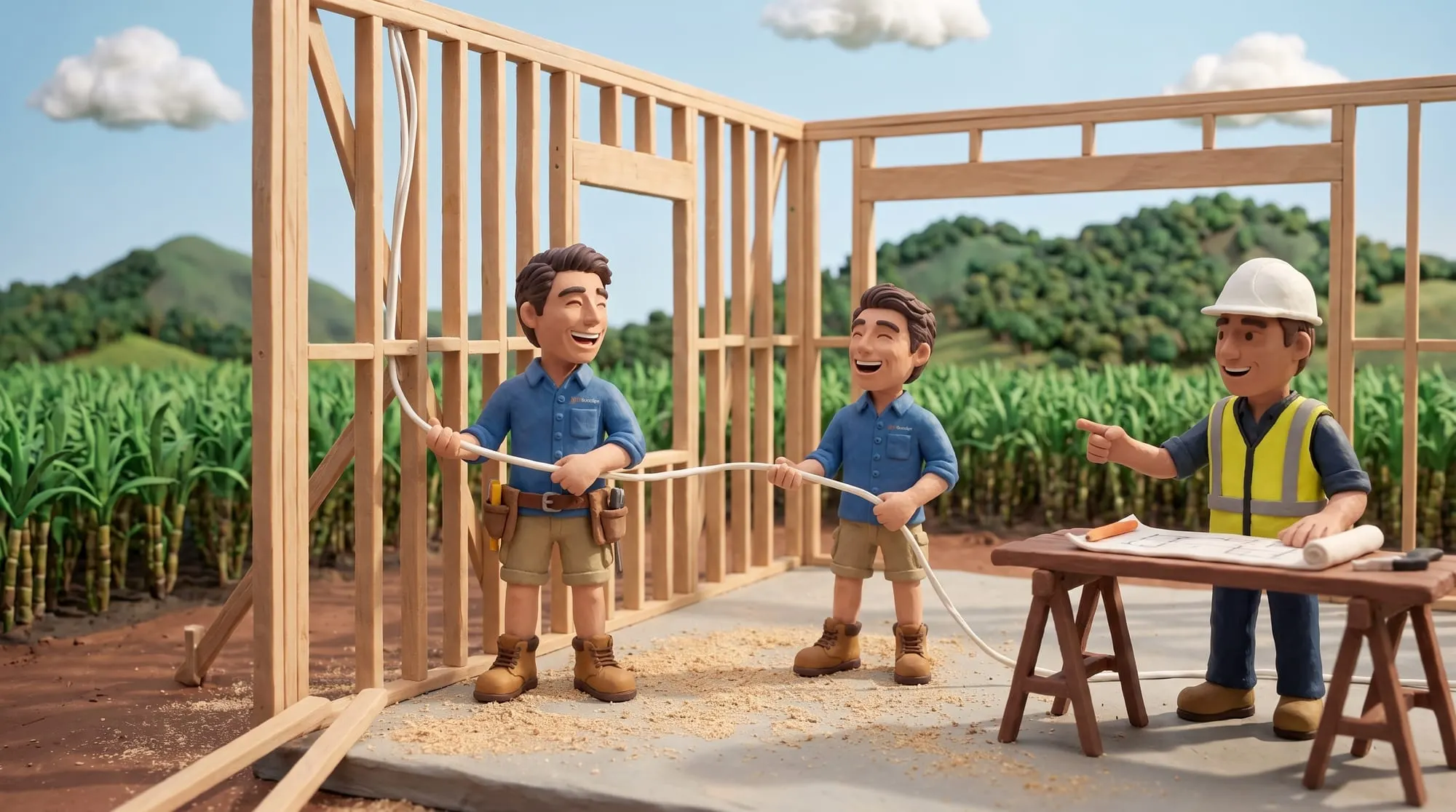 Claymation scene of two BH Electrics electricians pulling cable through the open timber frame of a house extension while the builder works from drawings at a sawhorse