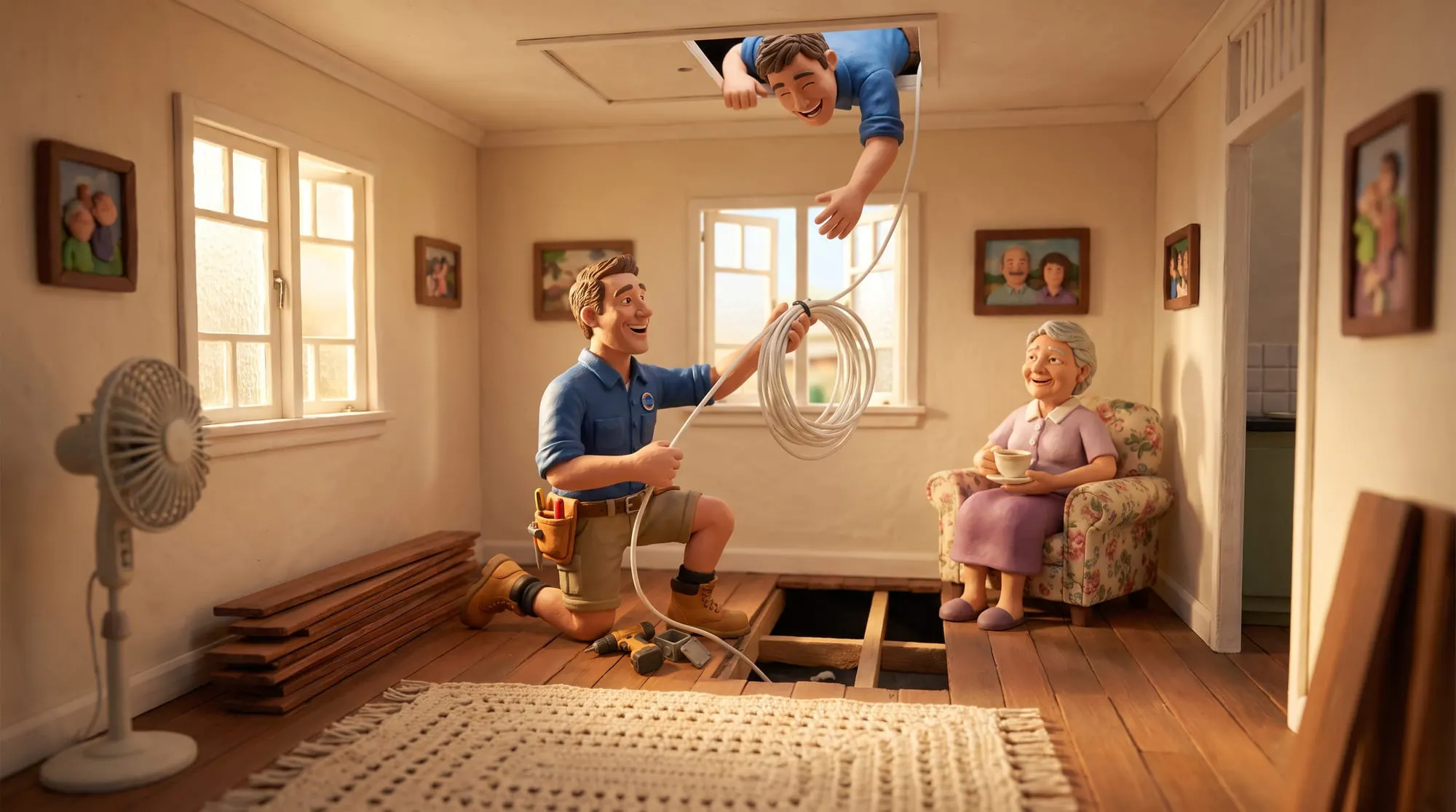 Claymation scene of a BH Electrics electrician feeding new cable up through lifted floorboards to an apprentice leaning out of the ceiling hatch above, the elderly owner watching from her armchair