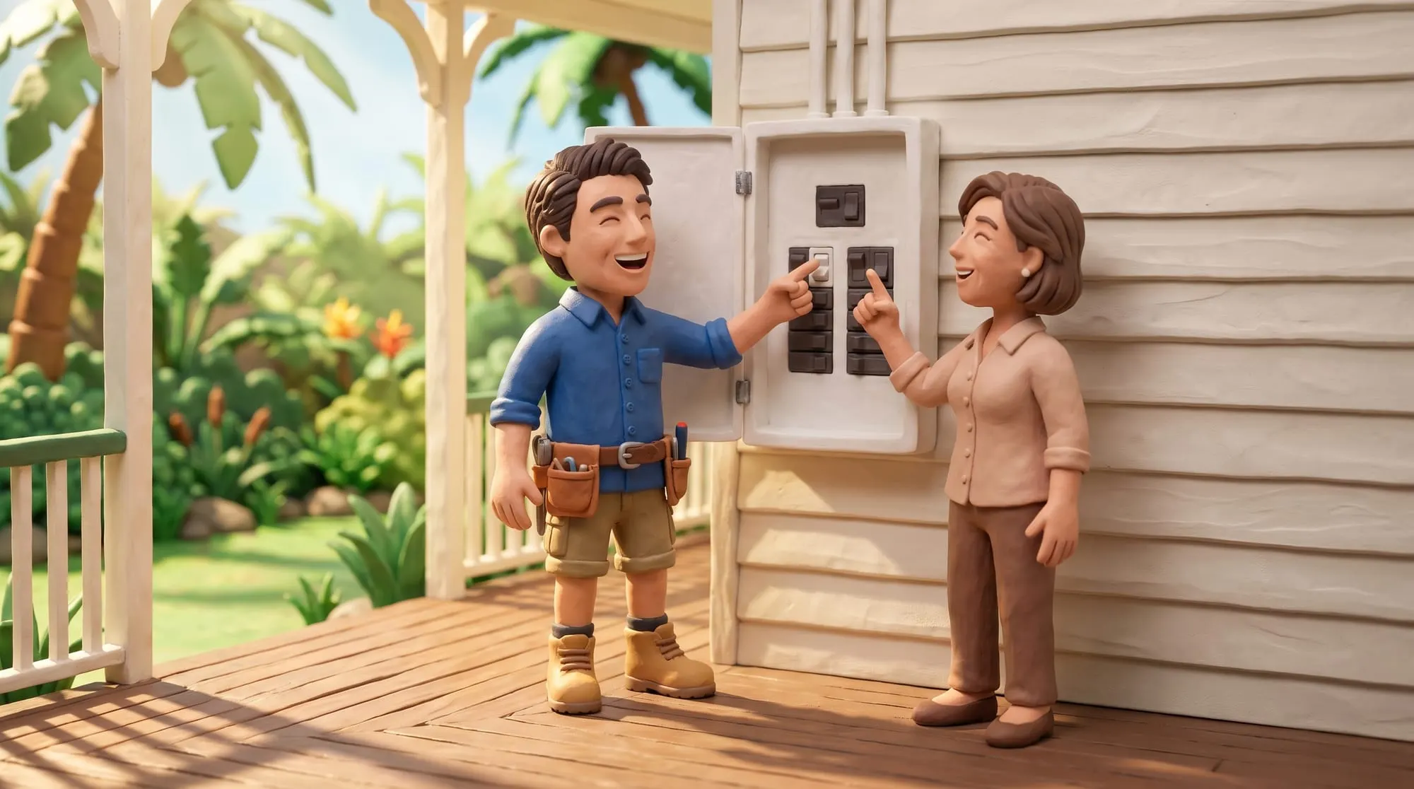 Claymation scene of a BH Electrics electrician showing a homeowner how to press the test button on her own safety switch