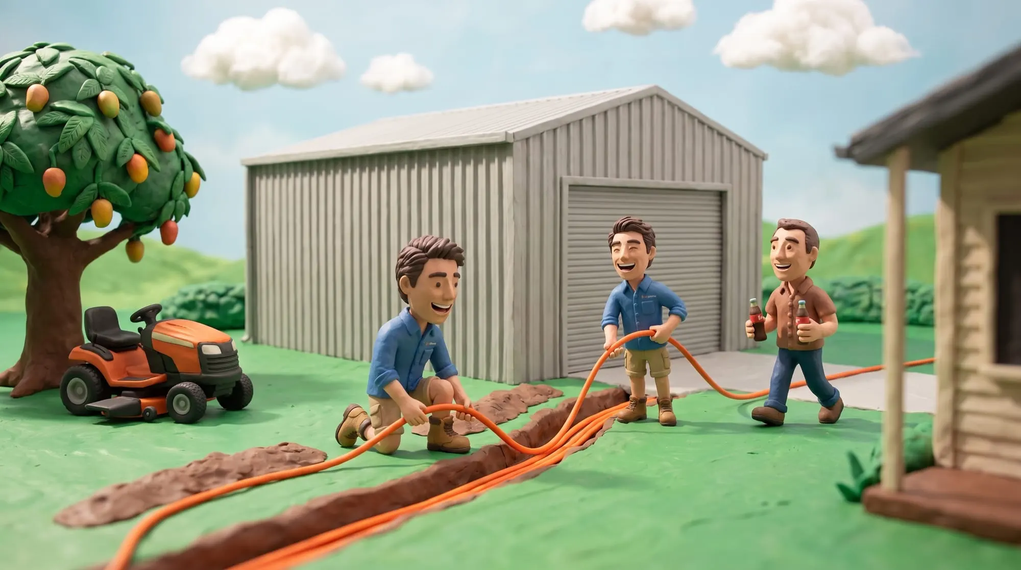 Claymation scene of two BH Electrics electricians laying a submain in an open trench across a paddock towards a large shed, the owner bringing cold drinks