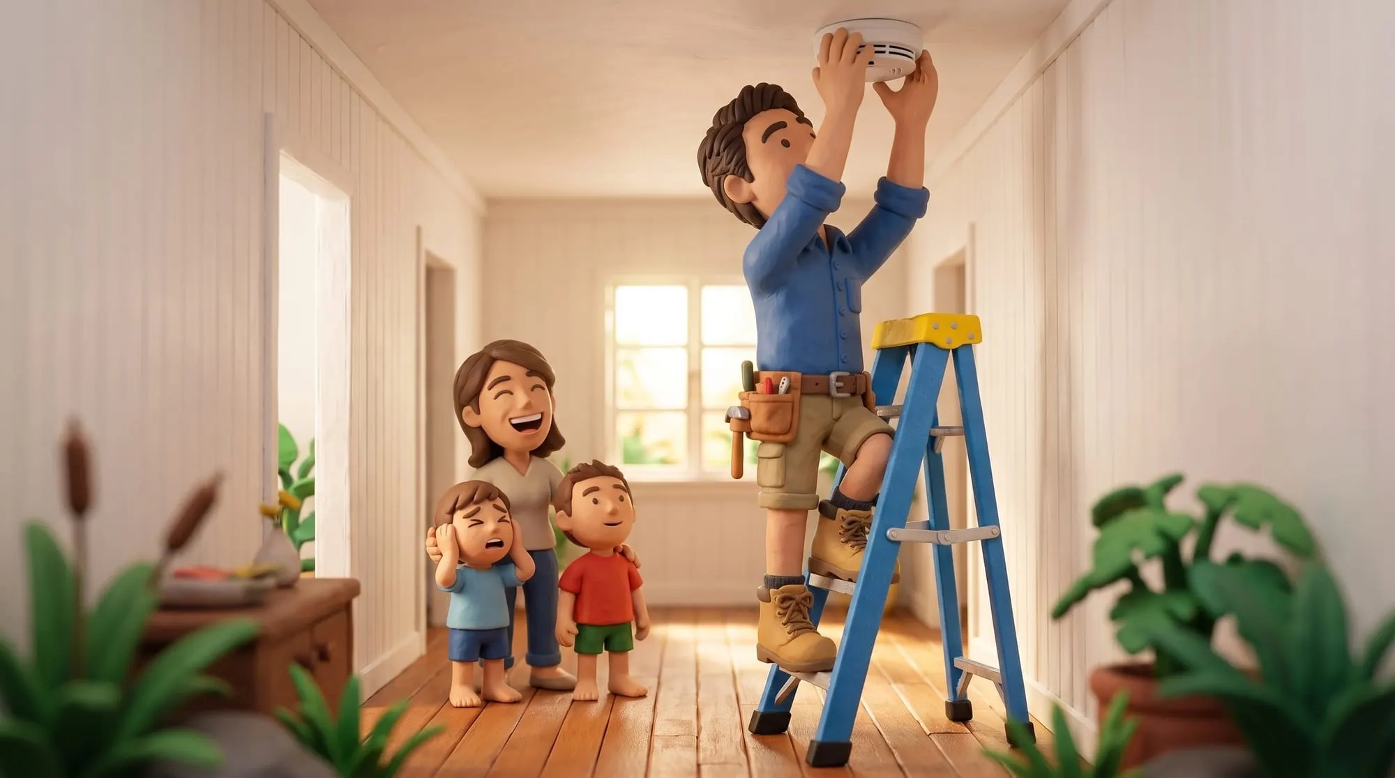 Claymation scene of a BH Electrics electrician fitting a smoke alarm to a hallway ceiling while a family watches from the doorway