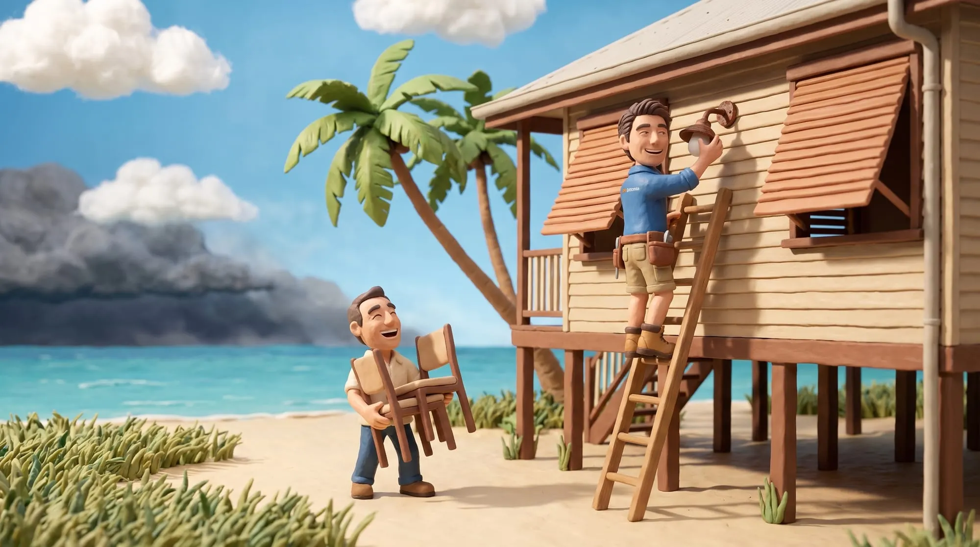 Claymation scene of a BH Electrics electrician replacing a salt-eaten outdoor fitting on a beachfront house while the owner carries the outdoor furniture in, storm cloud out to sea