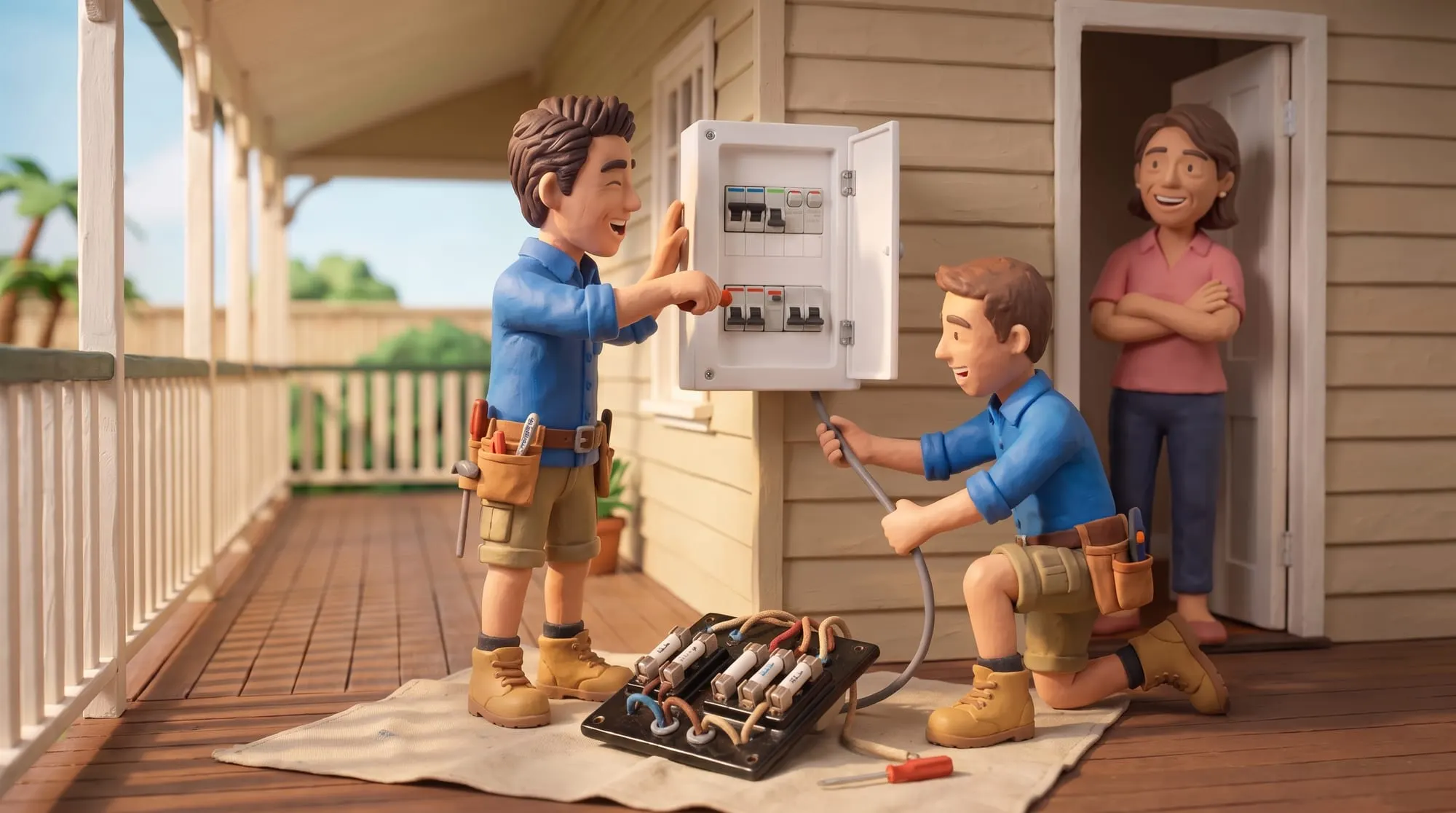 Claymation scene of two BH Electrics electricians fitting a new switchboard on a Queenslander verandah, the old board out on a drop sheet
