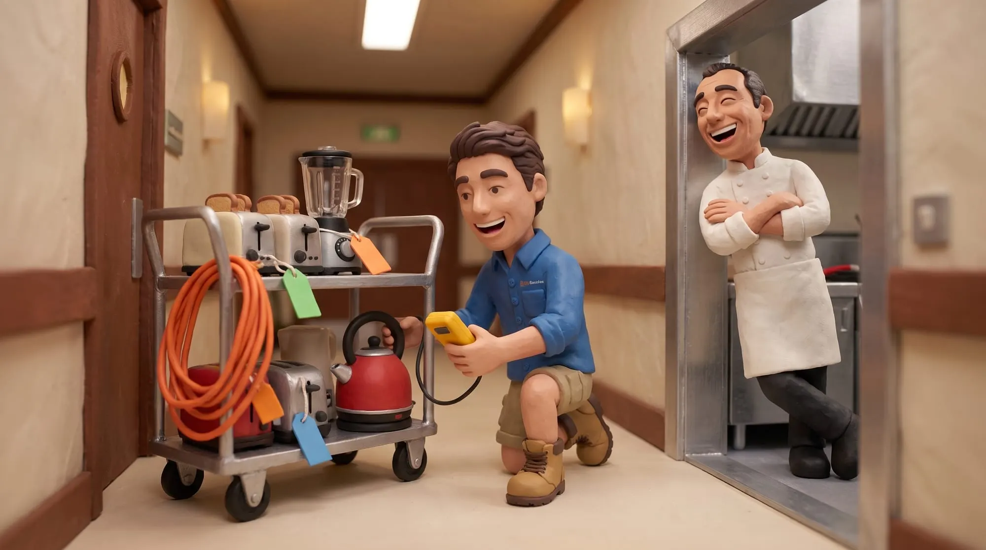 Claymation scene of a BH Electrics electrician testing appliances from a loaded trolley in a resort back of house while the chef watches from the kitchen doorway